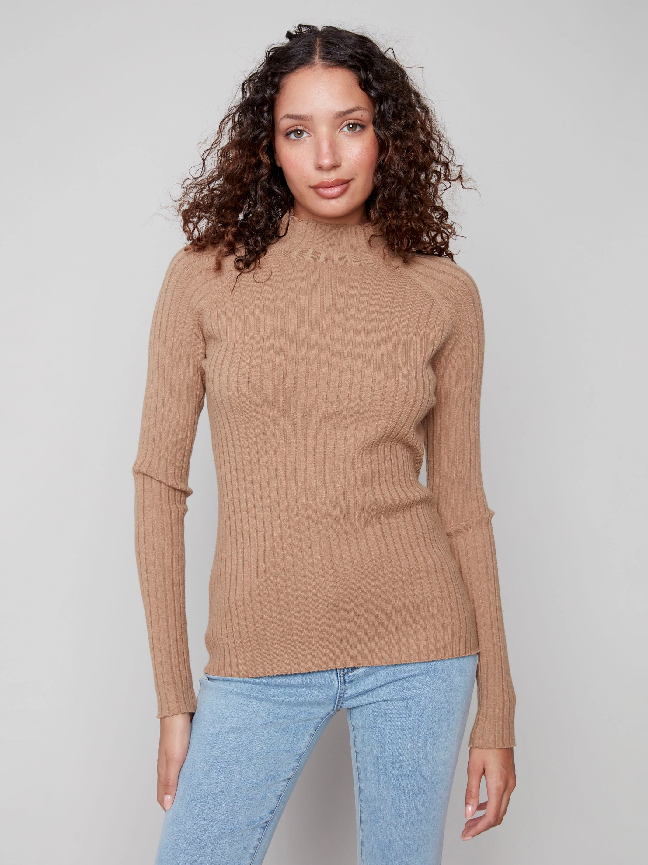 Spandex Boat Neck Ribbed Knit Mock Neck Sweater - Truffle