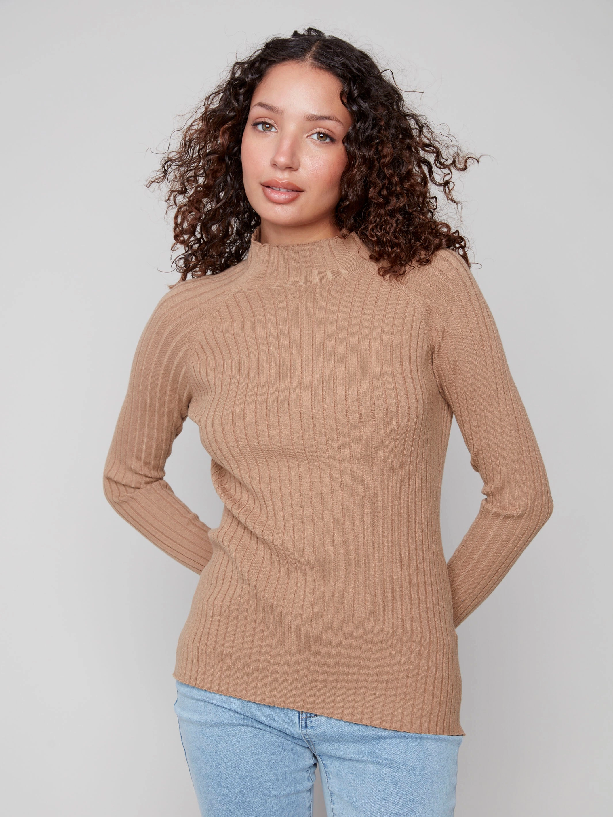 Ribbed Knit Mock Neck Sweater - Truffle student Breathable Knit Fabric