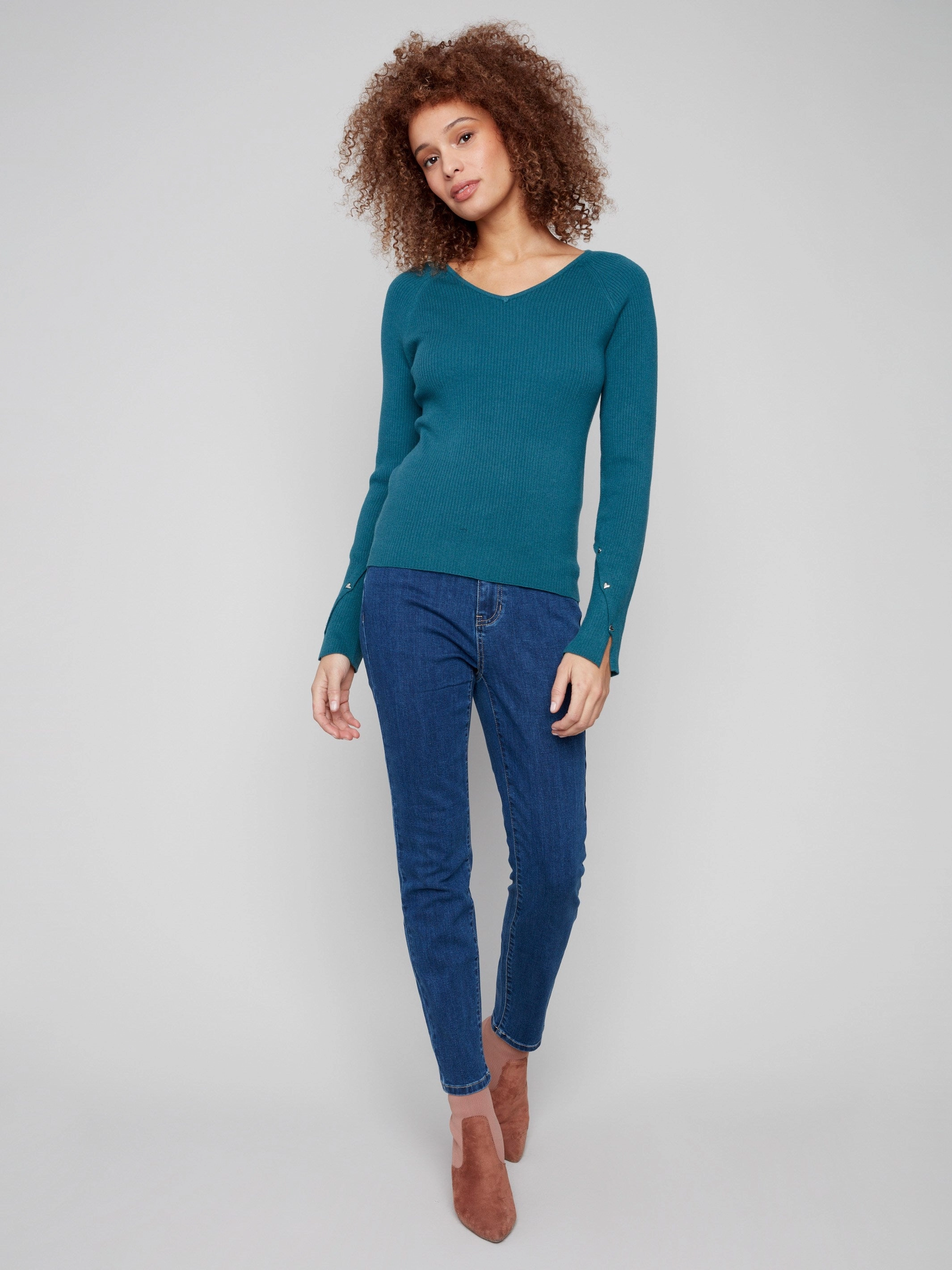 Ribbed V-Neck Sweater With Heart Rivets - Evergreen Writer