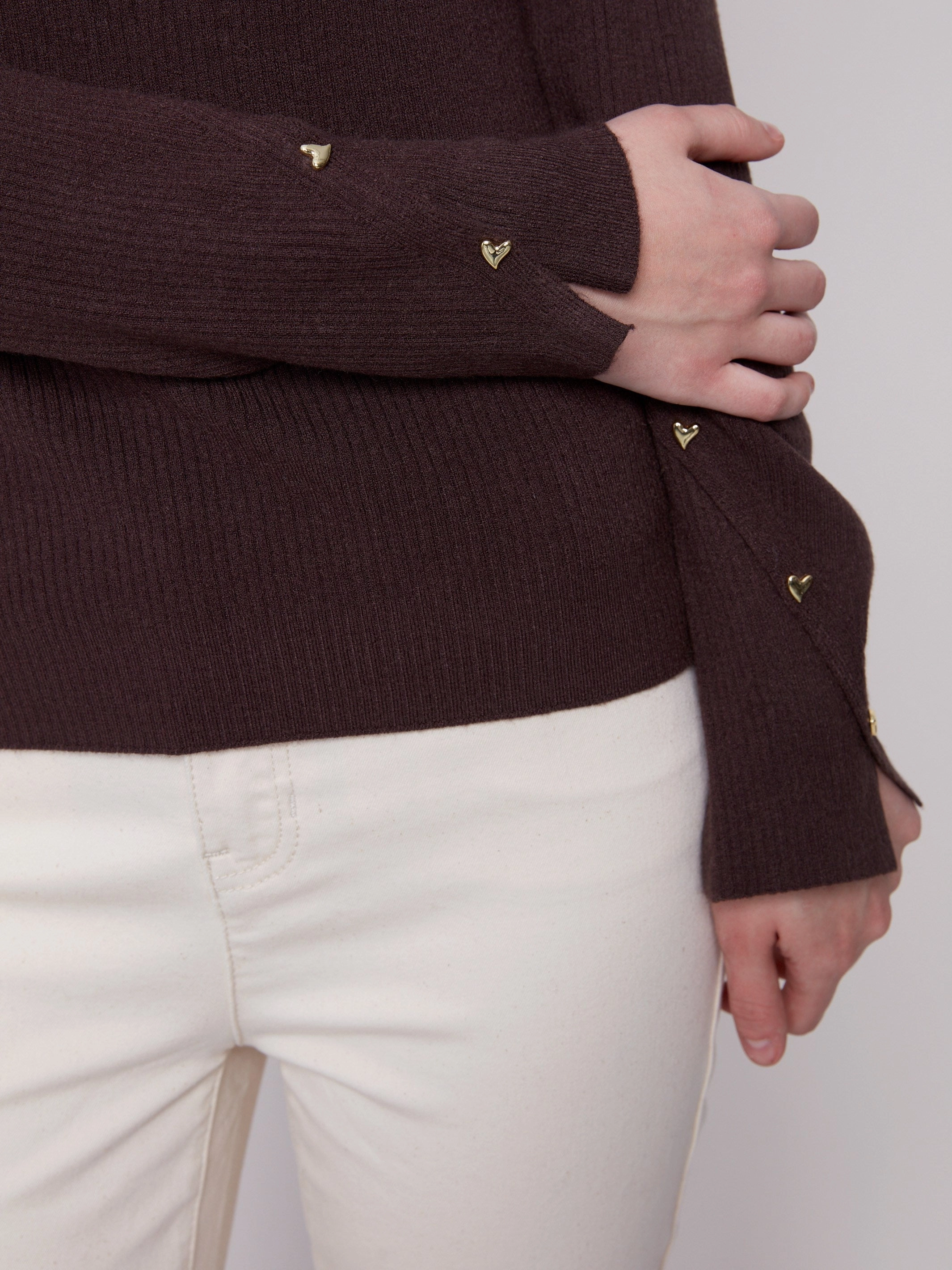 boots Ribbed V-Neck Sweater With Heart Rivets - Mocha
