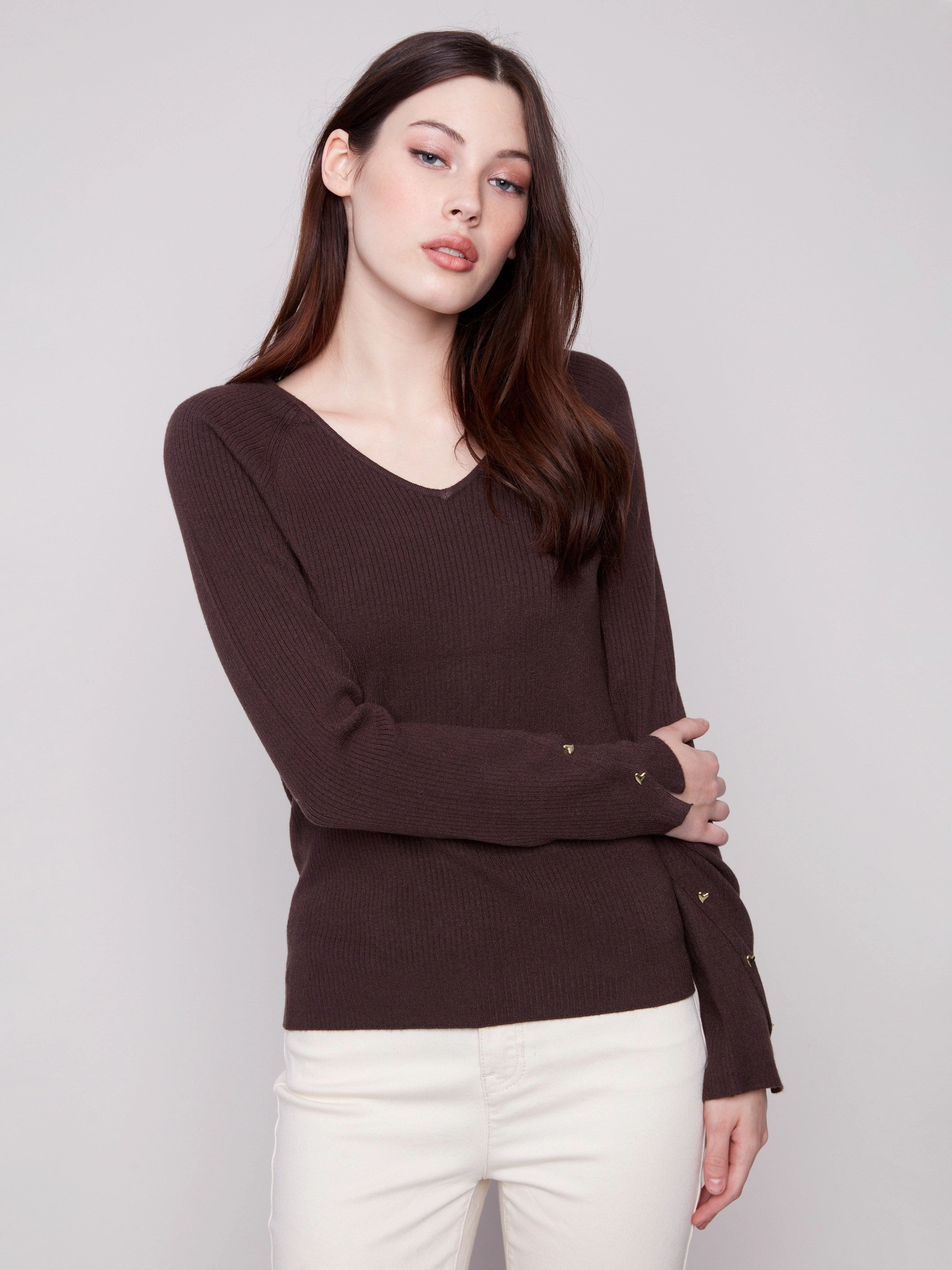 Ribbed V-Neck Sweater With Heart Rivets - Mocha crew neck Candle