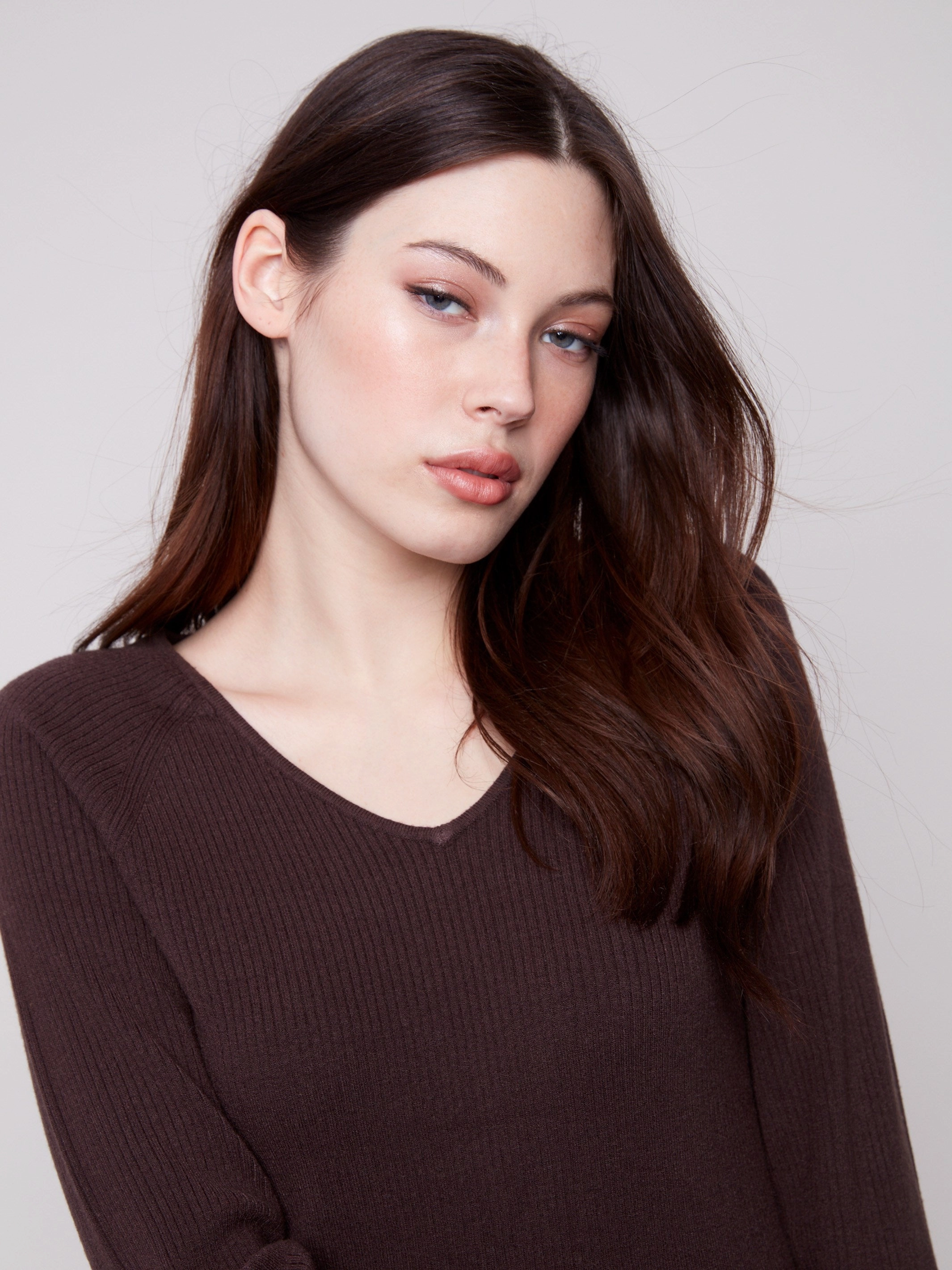 Child Ribbed V-Neck Sweater With Heart Rivets - Mocha