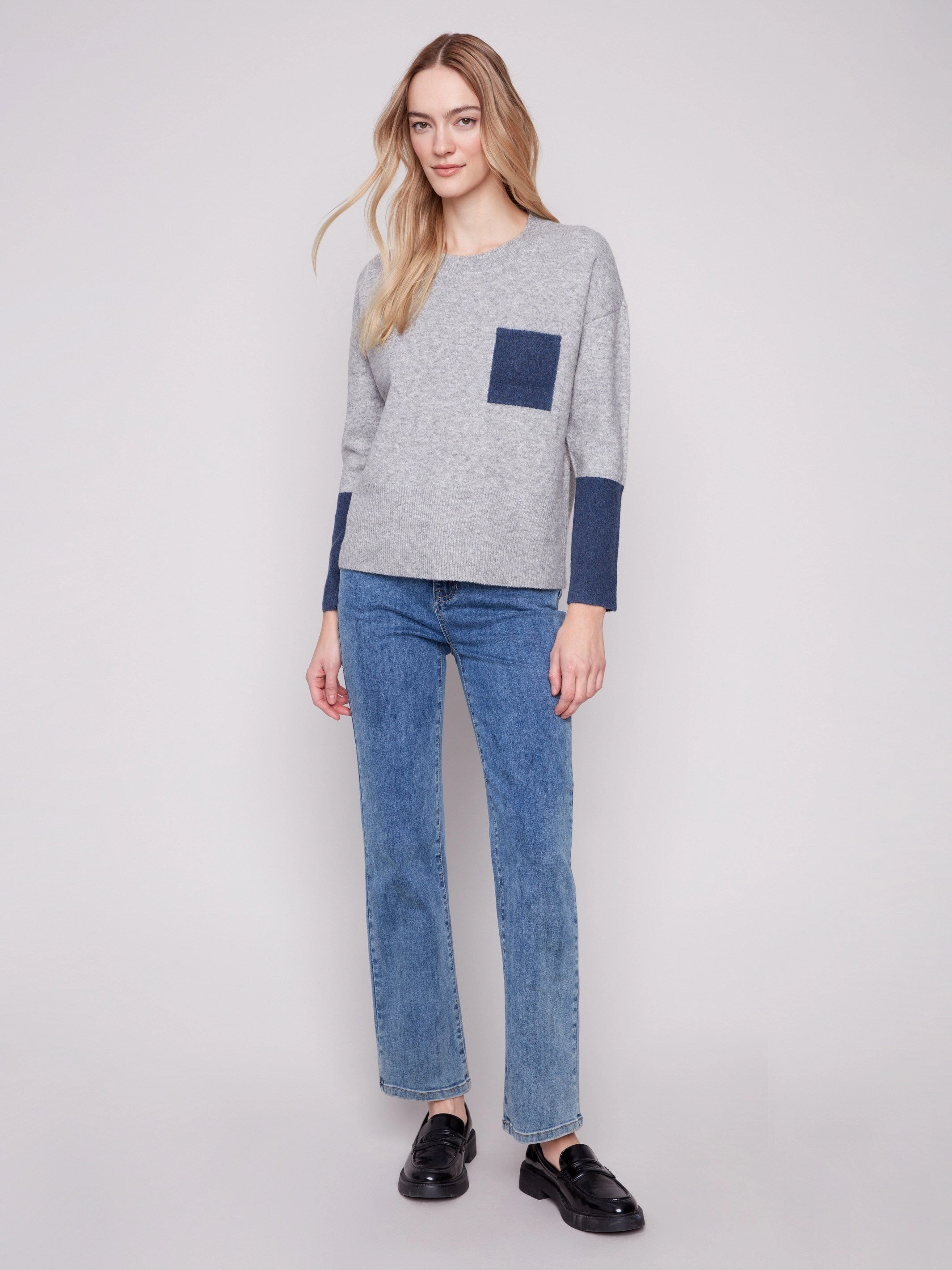 Crew Neck Sweater With Contrast Details - Heather Grey Rural related