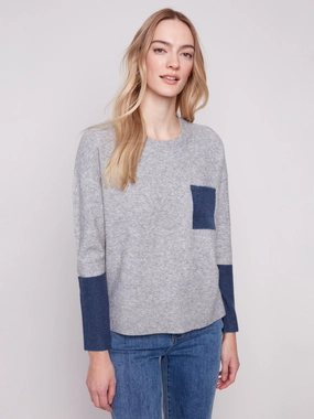 Collared Crew Neck Sweater With Contrast Details - Heather Grey