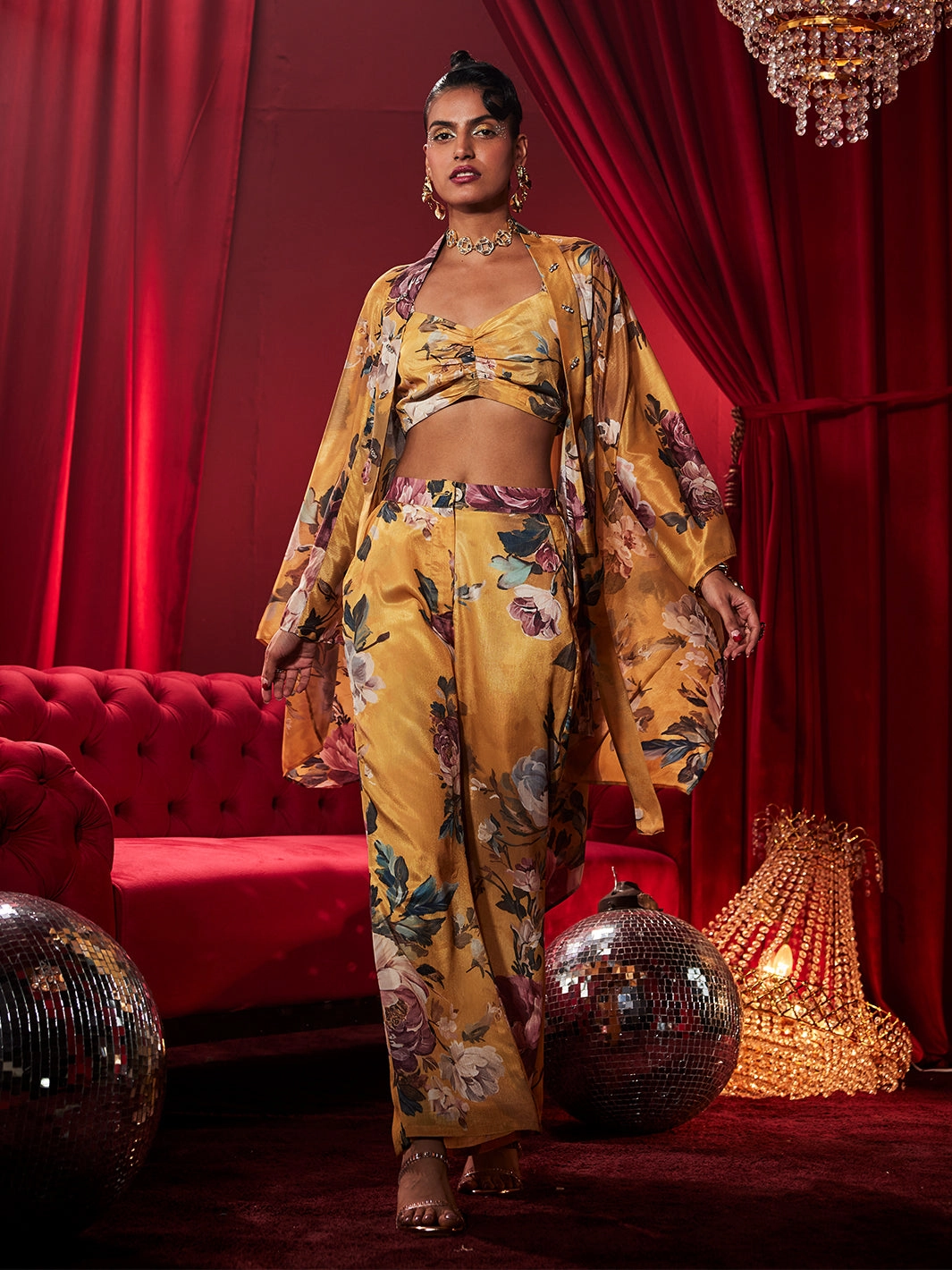 Water-Repellent-Finish Rose Tiara Floral Bell Bottom Pants