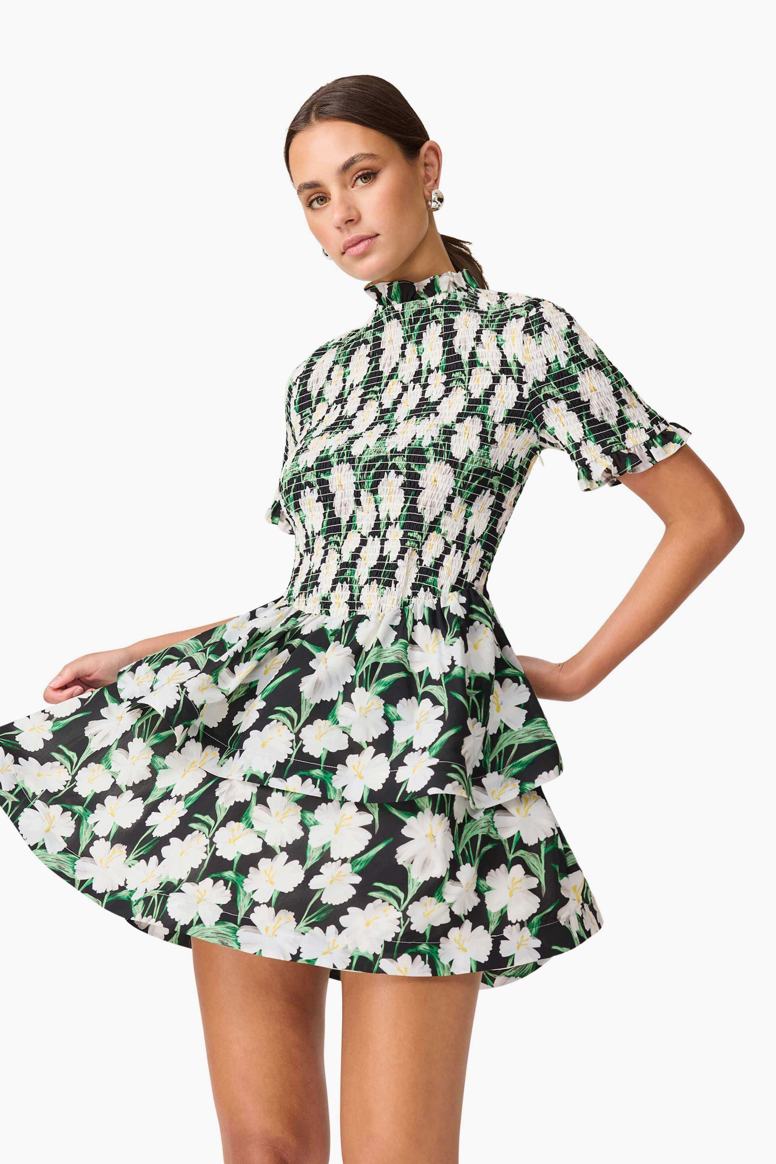 Rosey Short Sleeve Mini Dress in Black Floral Smile Glow