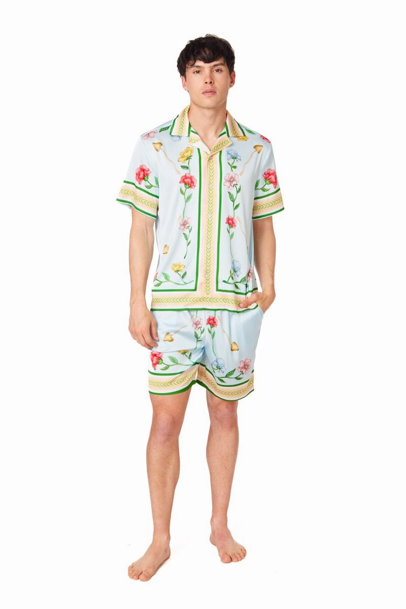 SATIN GARDEN SHORT SLEEVE CAMP SHIRT NoSlip Hem