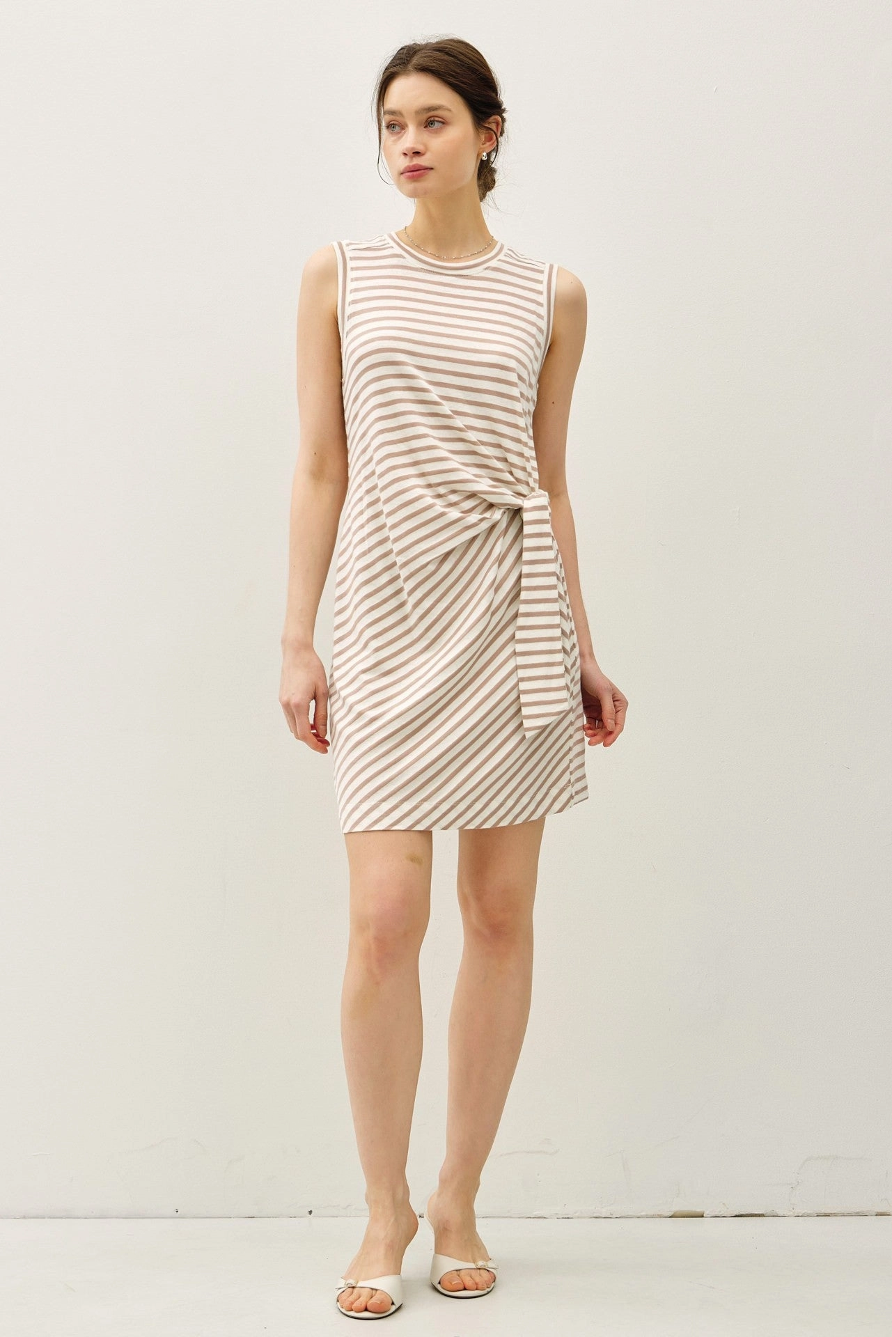 LINEN BLEND STRIPED SIDE TIE DRESS Weather Ready King Mode