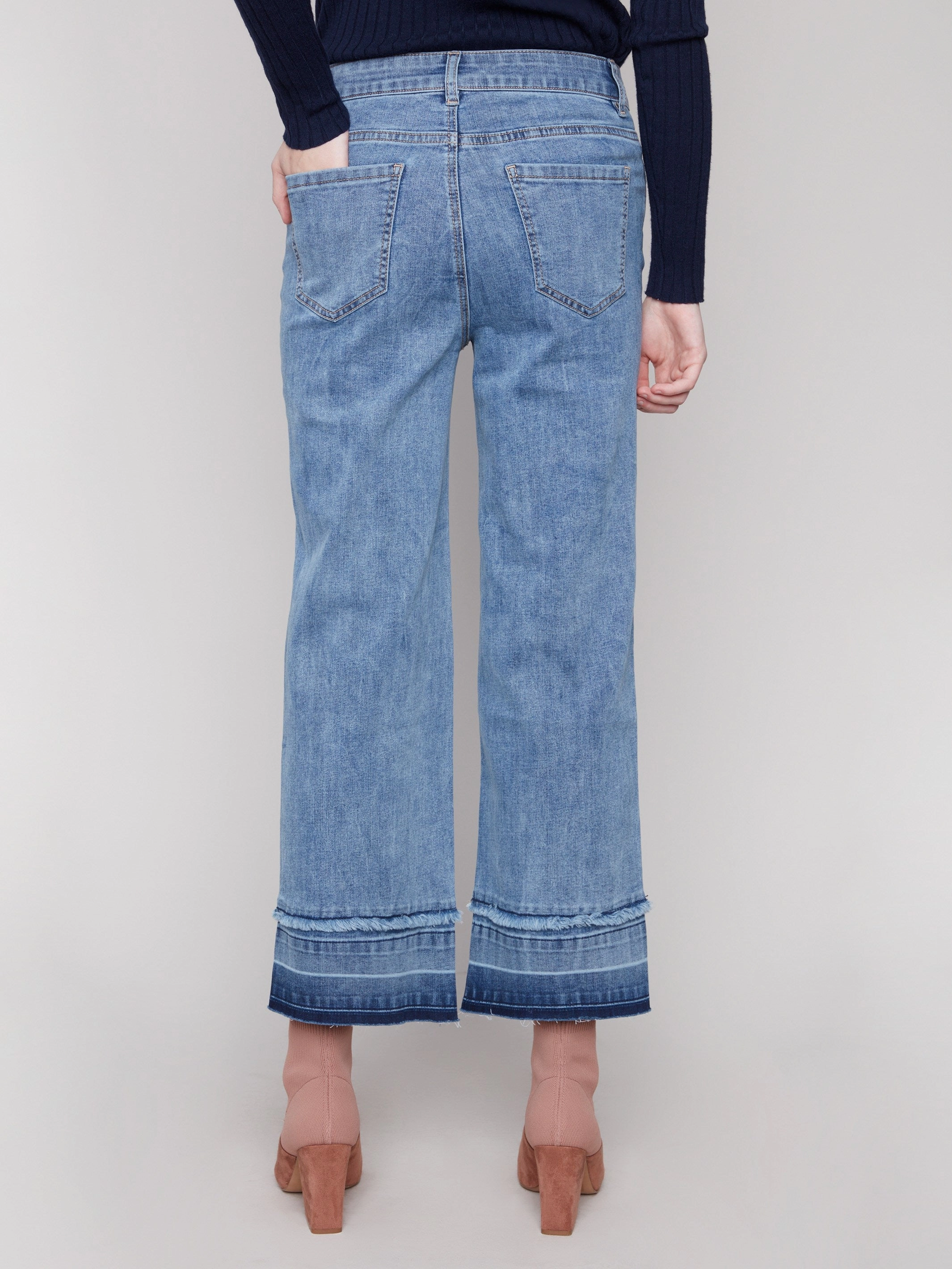 Flare Leg Jeans With Fringed Hem - Medium Blue All Season