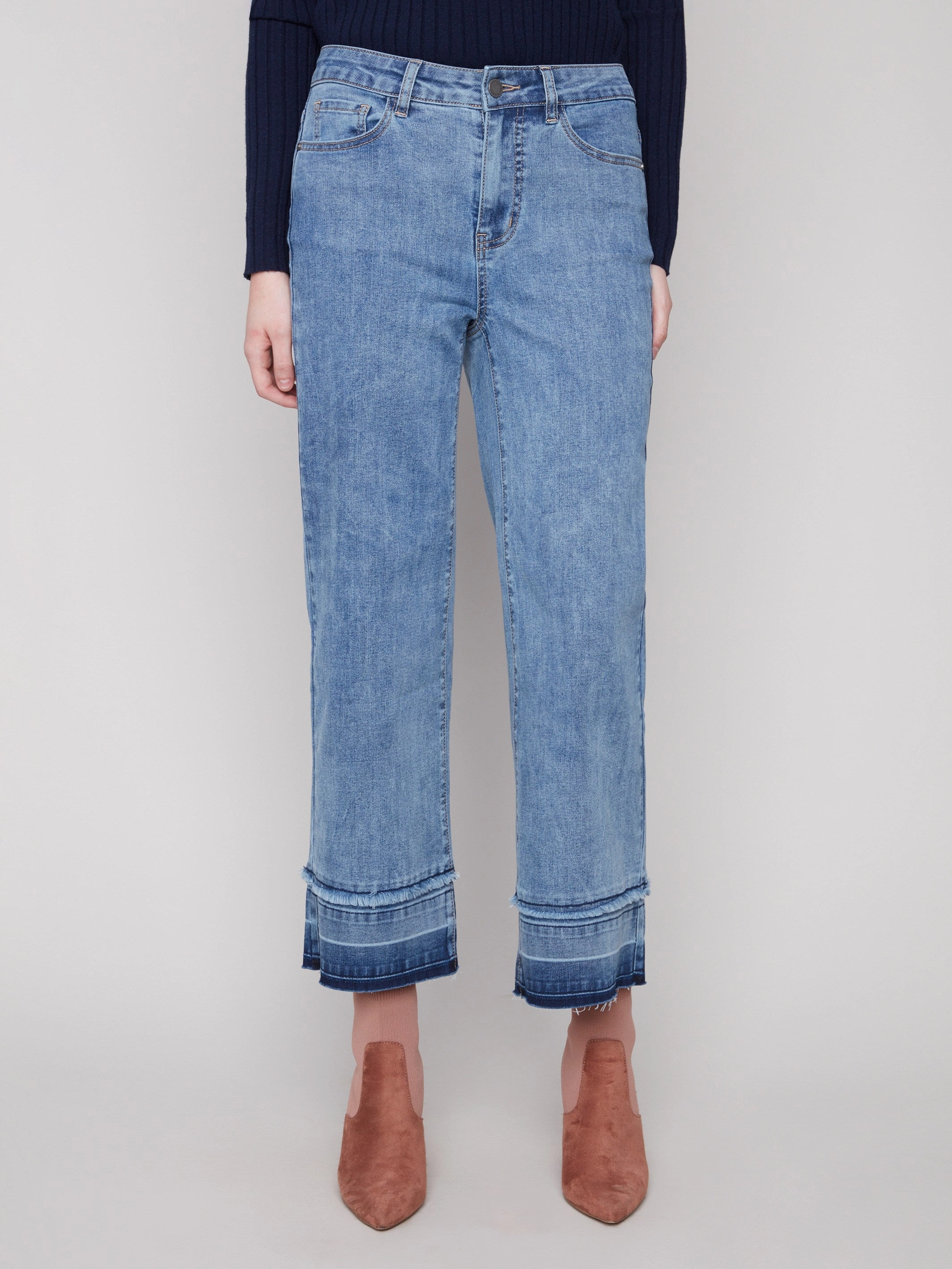 Spring Mood Brunch Outfit Formal Classic Wear Slim Flare Leg Jeans With Fringed Hem - Medium Blue