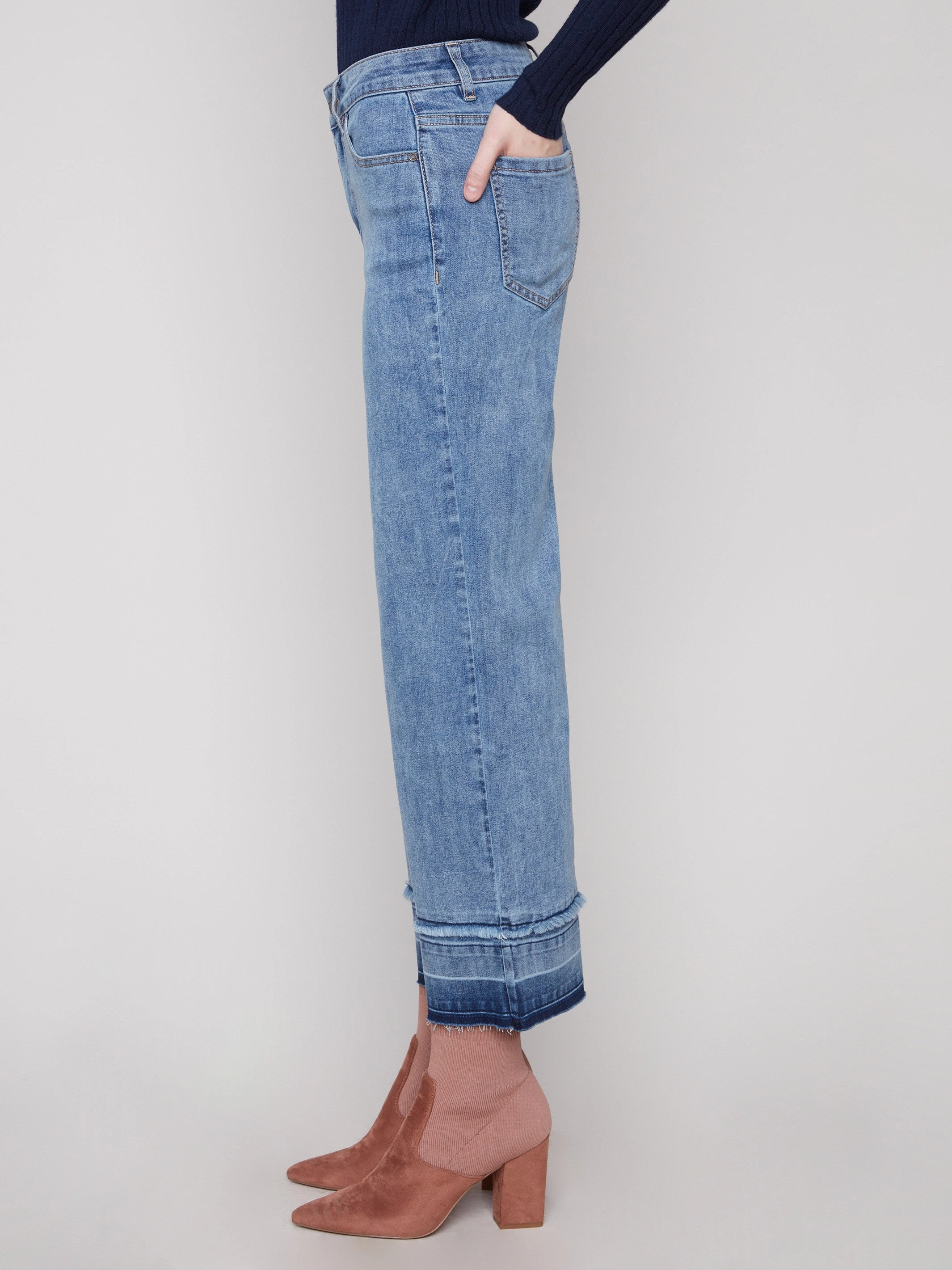 Comfortable clothing Textured Party Look Soft Flare Leg Jeans With Fringed Hem - Medium Blue