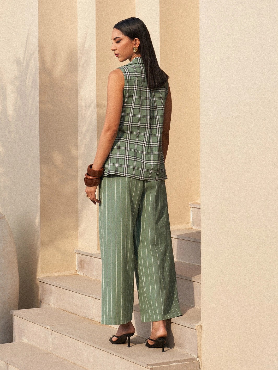 Belt Waist Sage Plaid Three Piece Co-ord Set