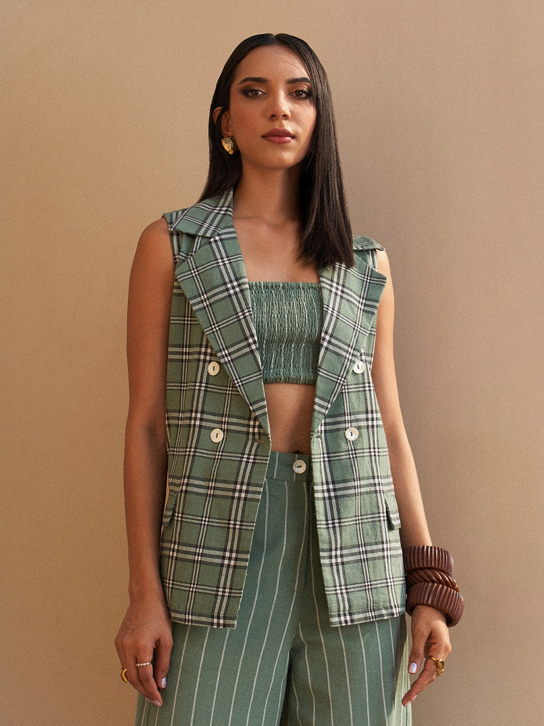 Sage Plaid Three Piece Co-ord Set Dew Tone