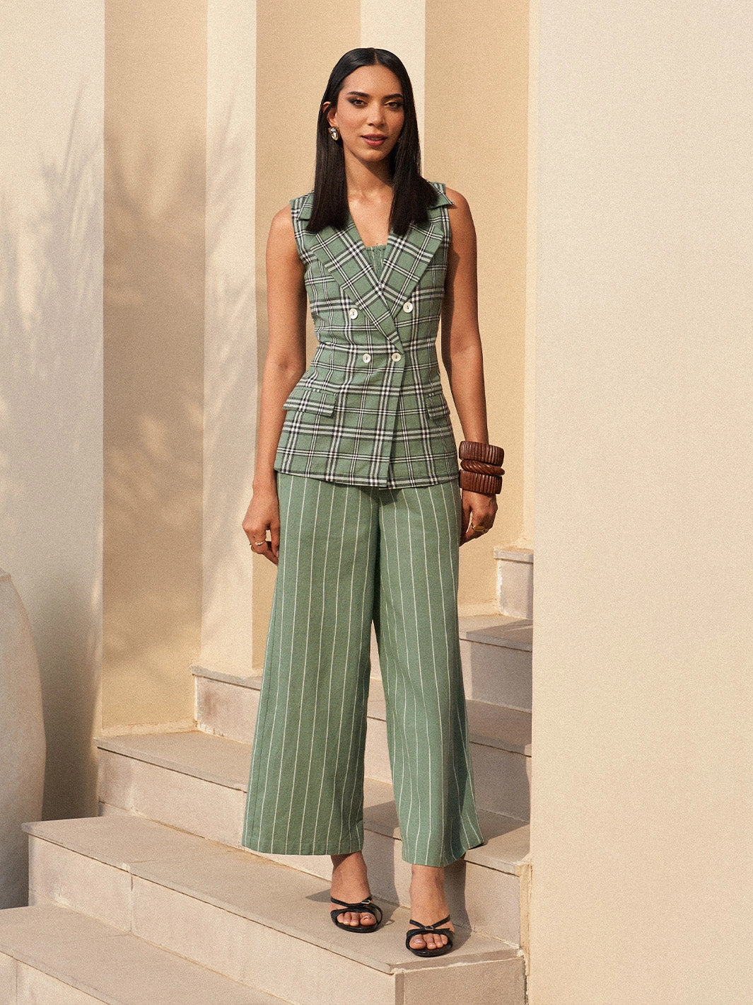 Cap-Sleeve Sage Plaid Three Piece Co-ord Set