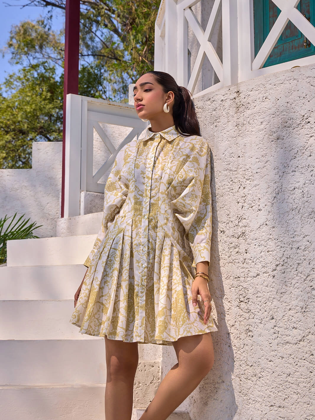 Salerno Cotton Linen Pleated Dress Bright-Hue