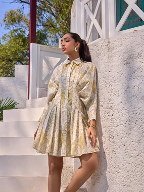 Salerno Cotton Linen Pleated Dress Bright-Hue