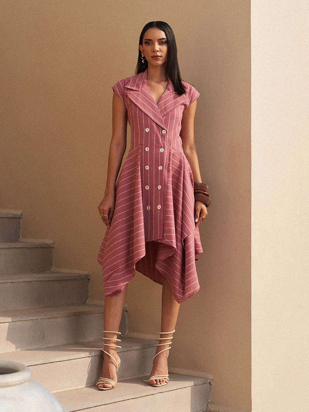 Contrast-Lining Sandstone Stripe Midi Dress