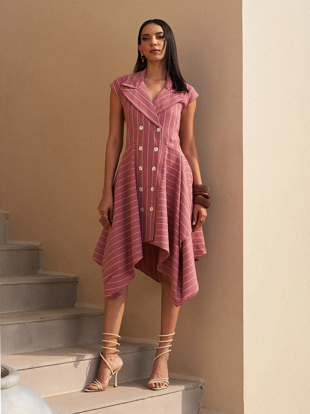 Texture Blend Fashionable appearance Sandstone Stripe Midi Dress