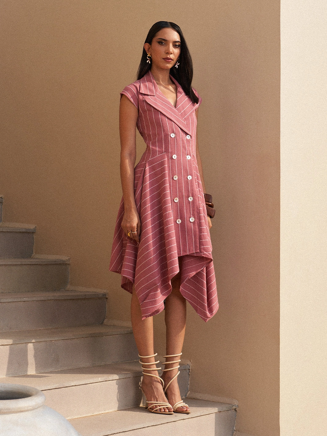 Sandstone Stripe Midi Dress Metallic-Shine Brunch Outfit