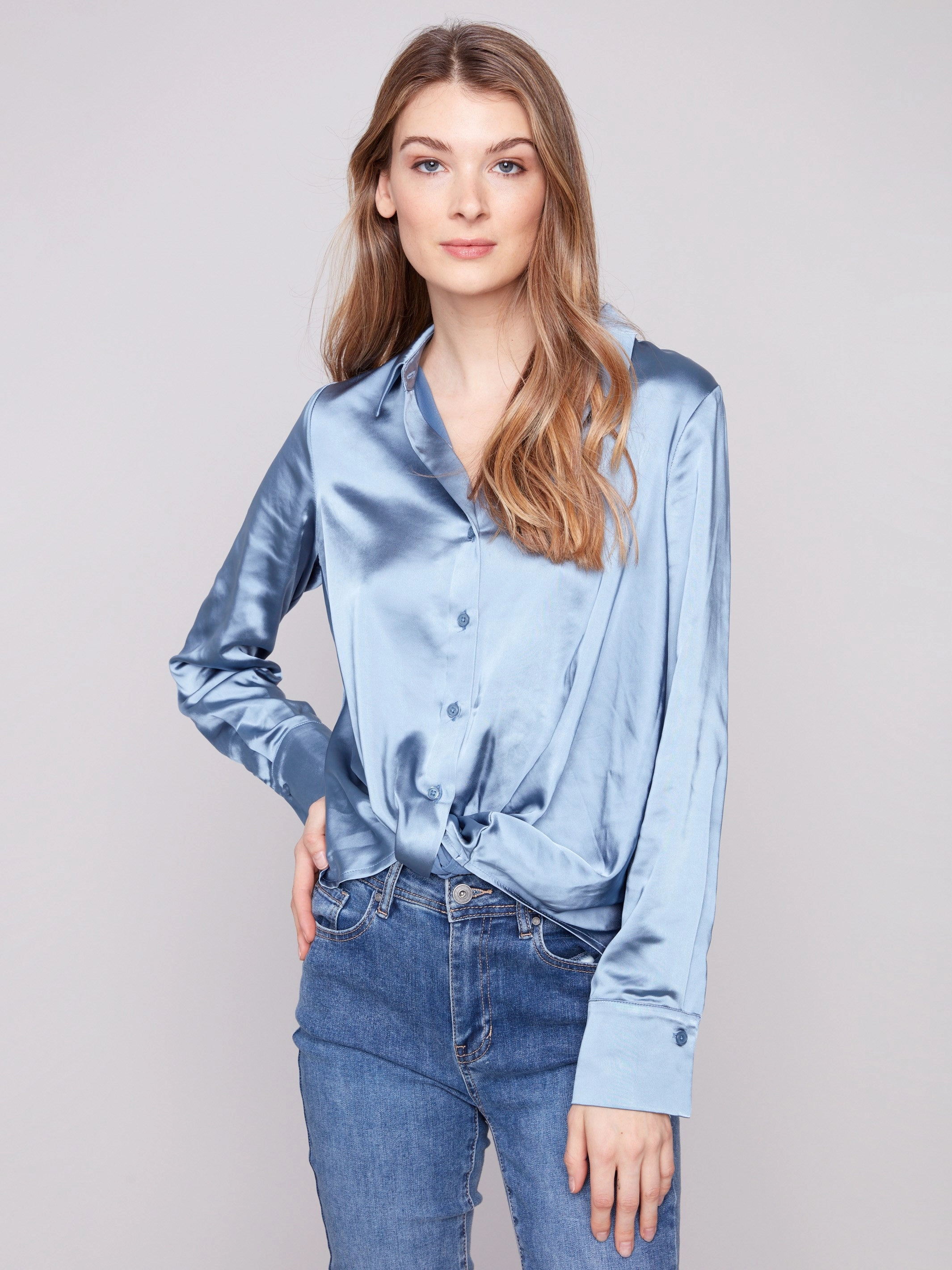 Candle Satin Button-Down Shirt With Twisted Front - Oxford