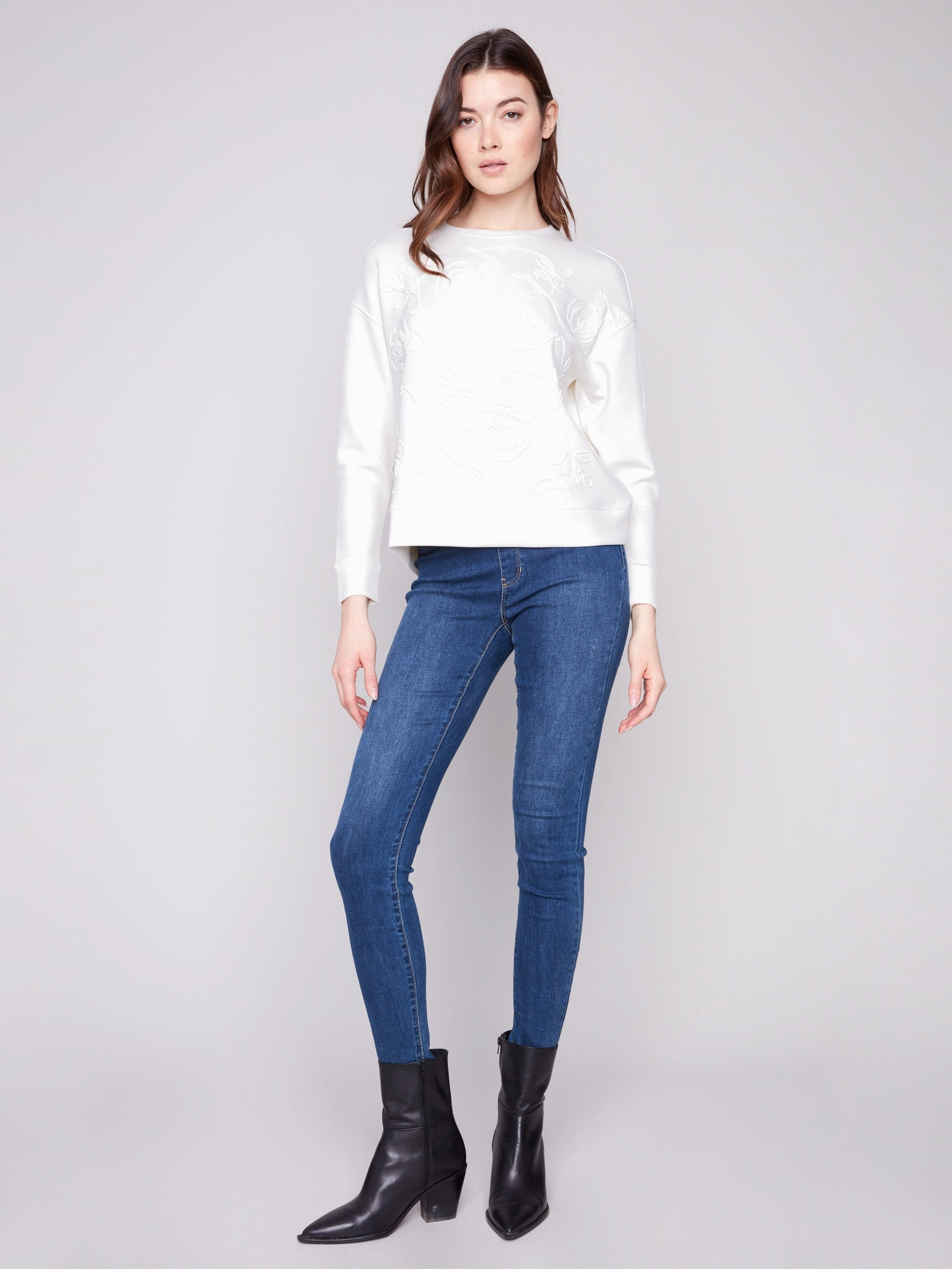 Bold Design Zero Waste Cut Pattern Scuba Knit Top with Soutache Detail - Ecru