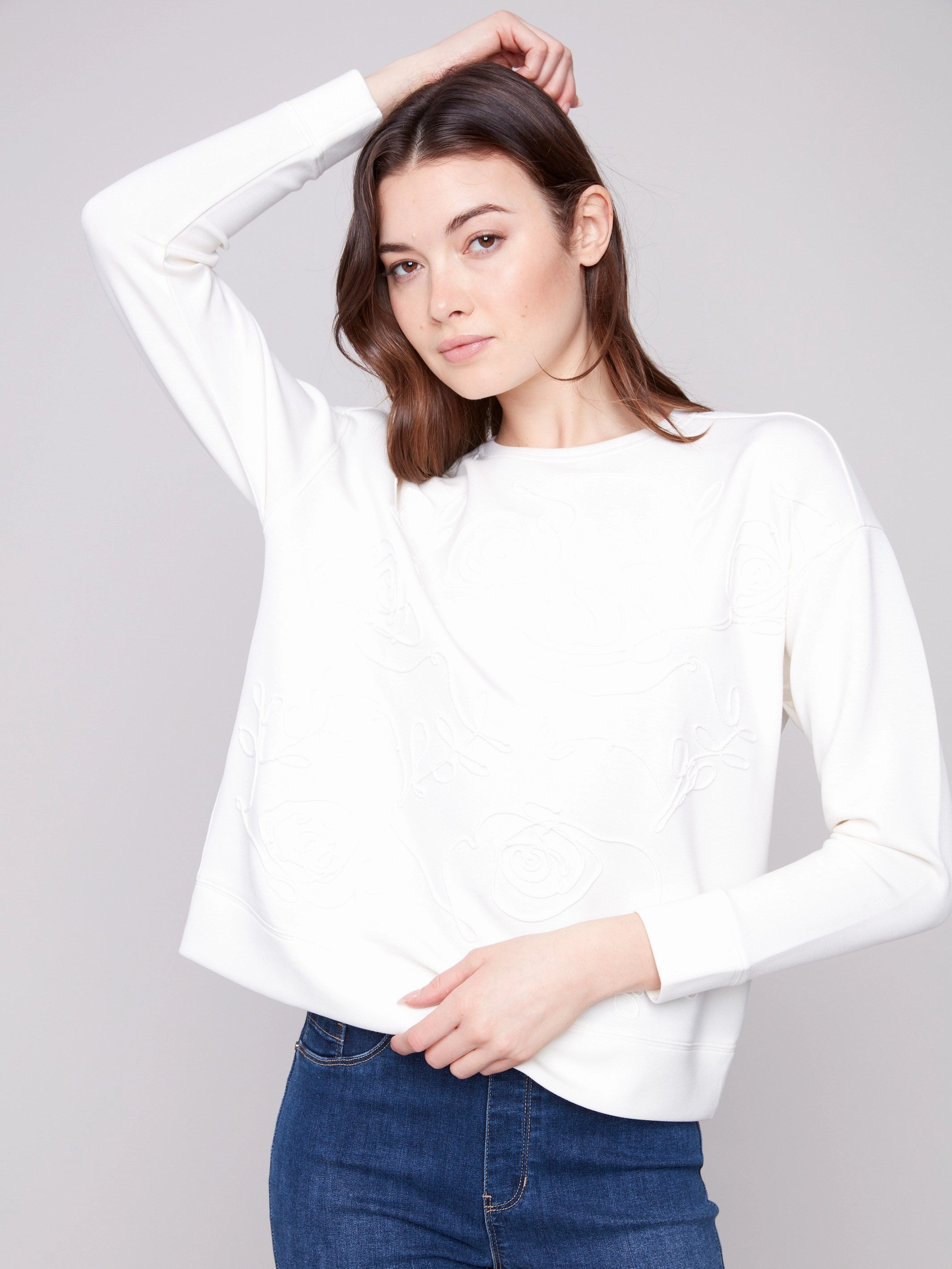 Relaxed Fit Shirt Scuba Knit Top with Soutache Detail - Ecru