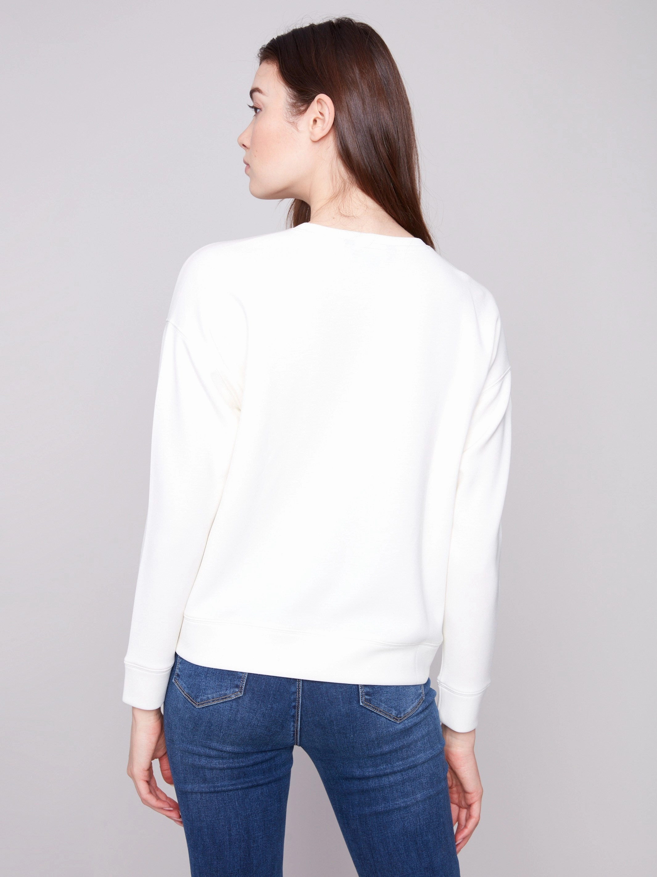 StainRepellentCoating Classic Hoodie Scuba Knit Top with Soutache Detail - Ecru