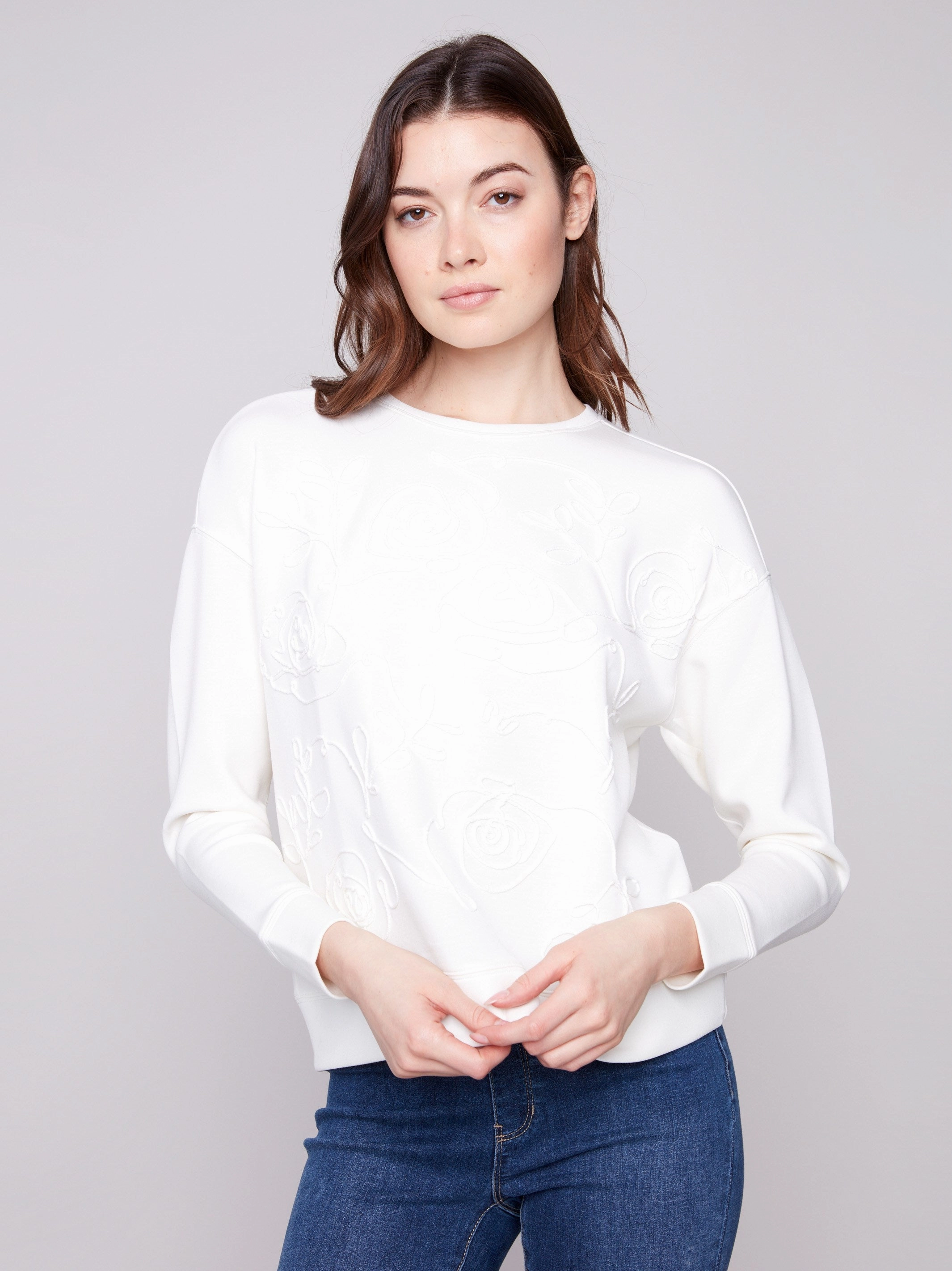 Scuba Knit Top with Soutache Detail - Ecru AntiPill Texture