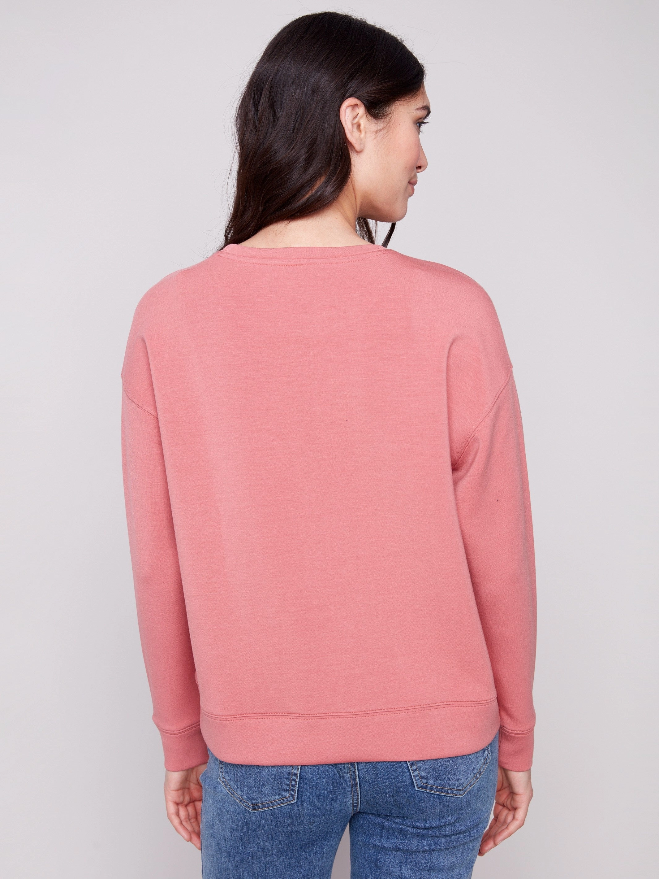 Simple Pullover Snag Resistant Fabric Scuba Knit Top with Soutache Detail - Primrose