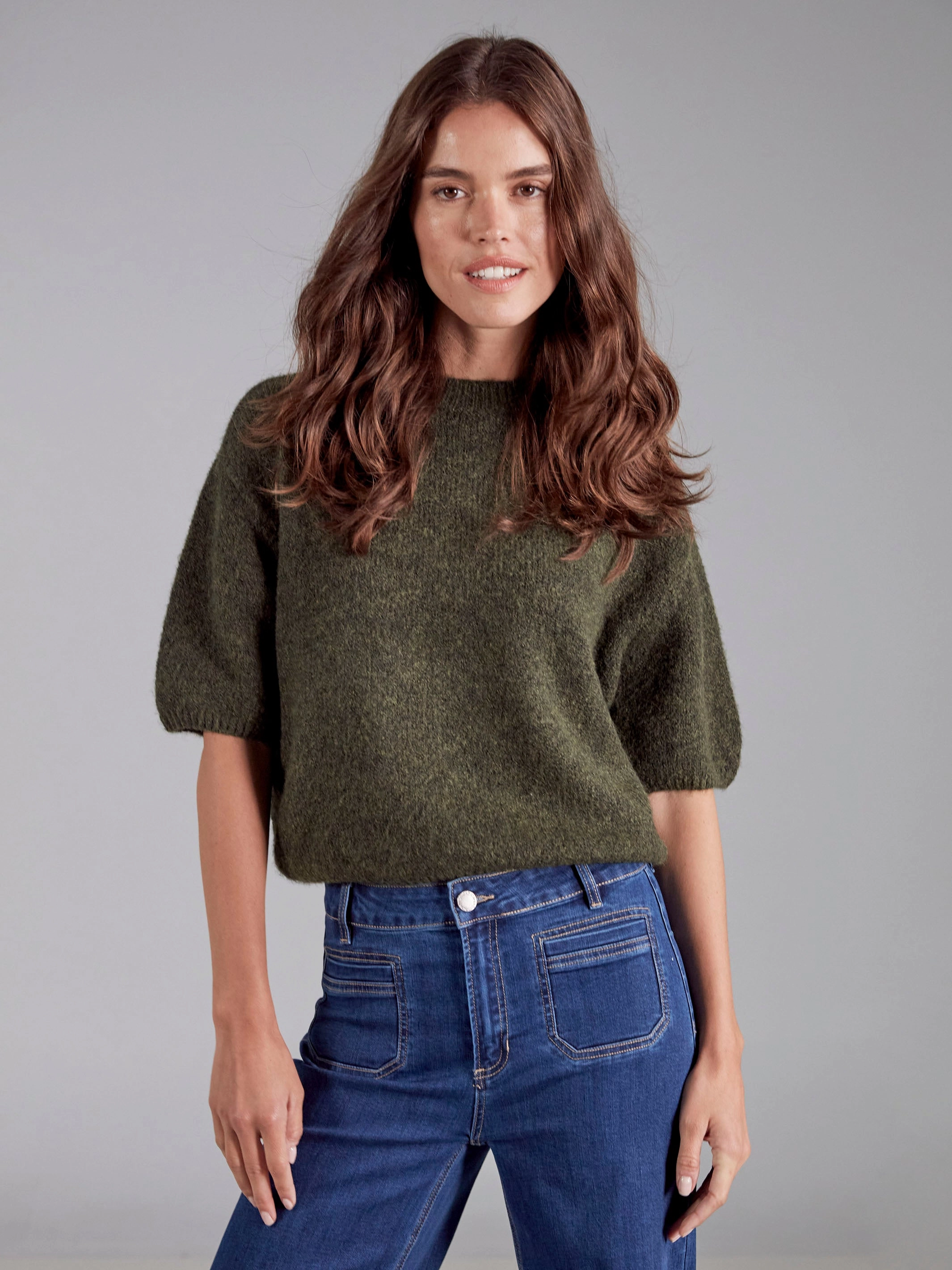 Ribbed collar Balloon Elbow Sleeve Knit Sweater - Spruce