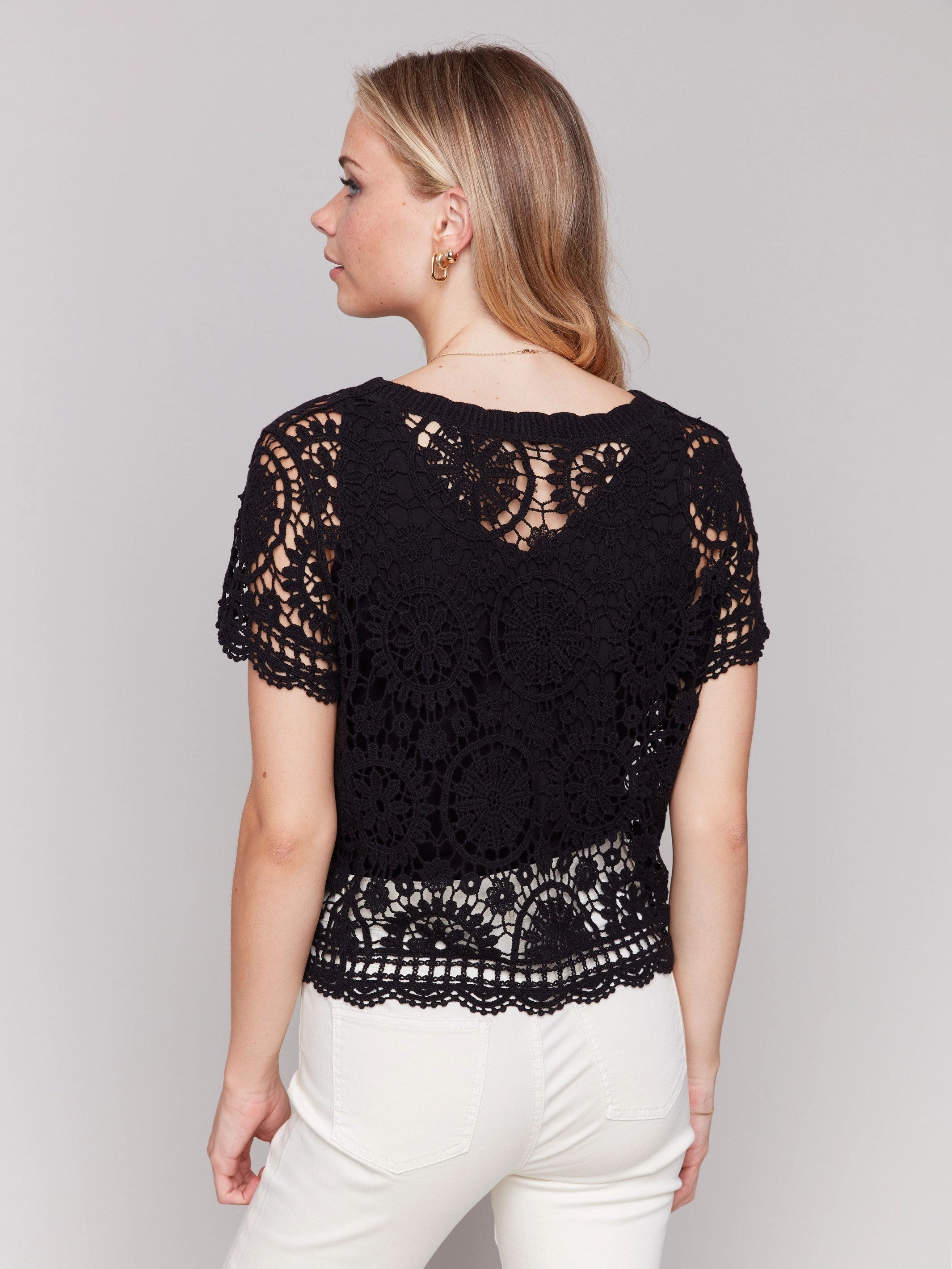 Lounge Wear Short Sleeve Crochet Bolero Cardigan - Black