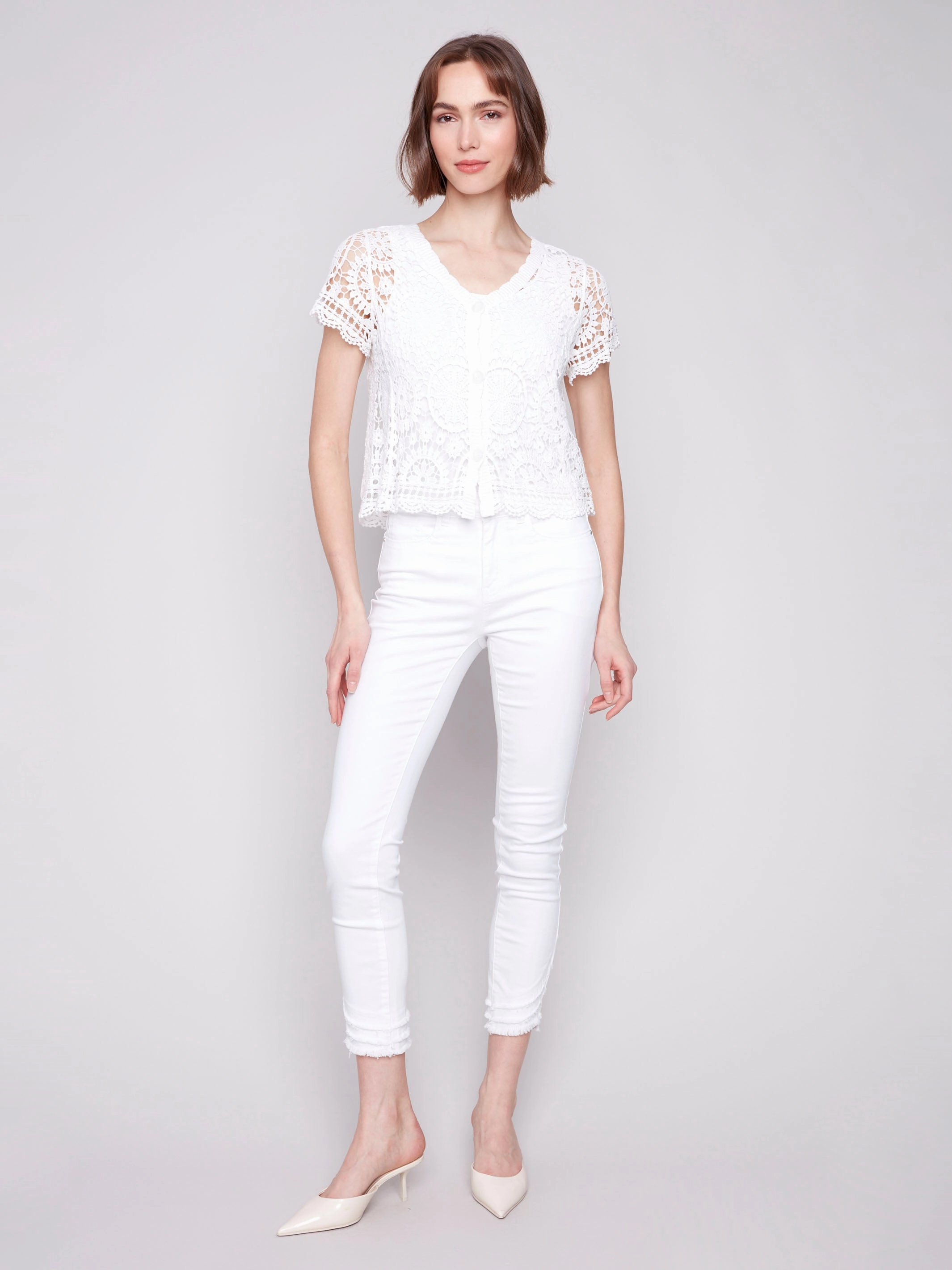 Short Sleeve Crochet Bolero Cardigan - White Wrinkle Resistant Finish Anti Pilling Treatment
