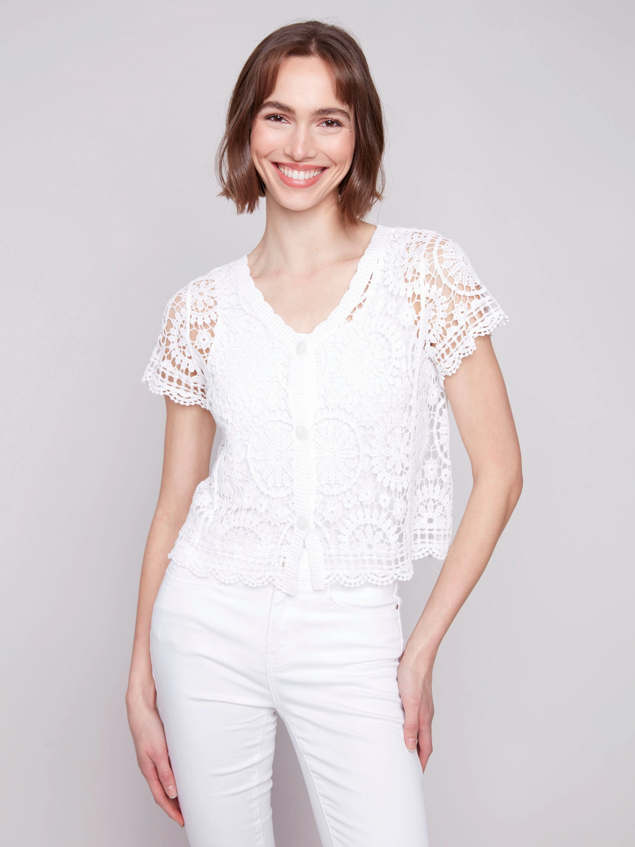 Retro Vibe Short Sleeve Crochet Bolero Cardigan - White