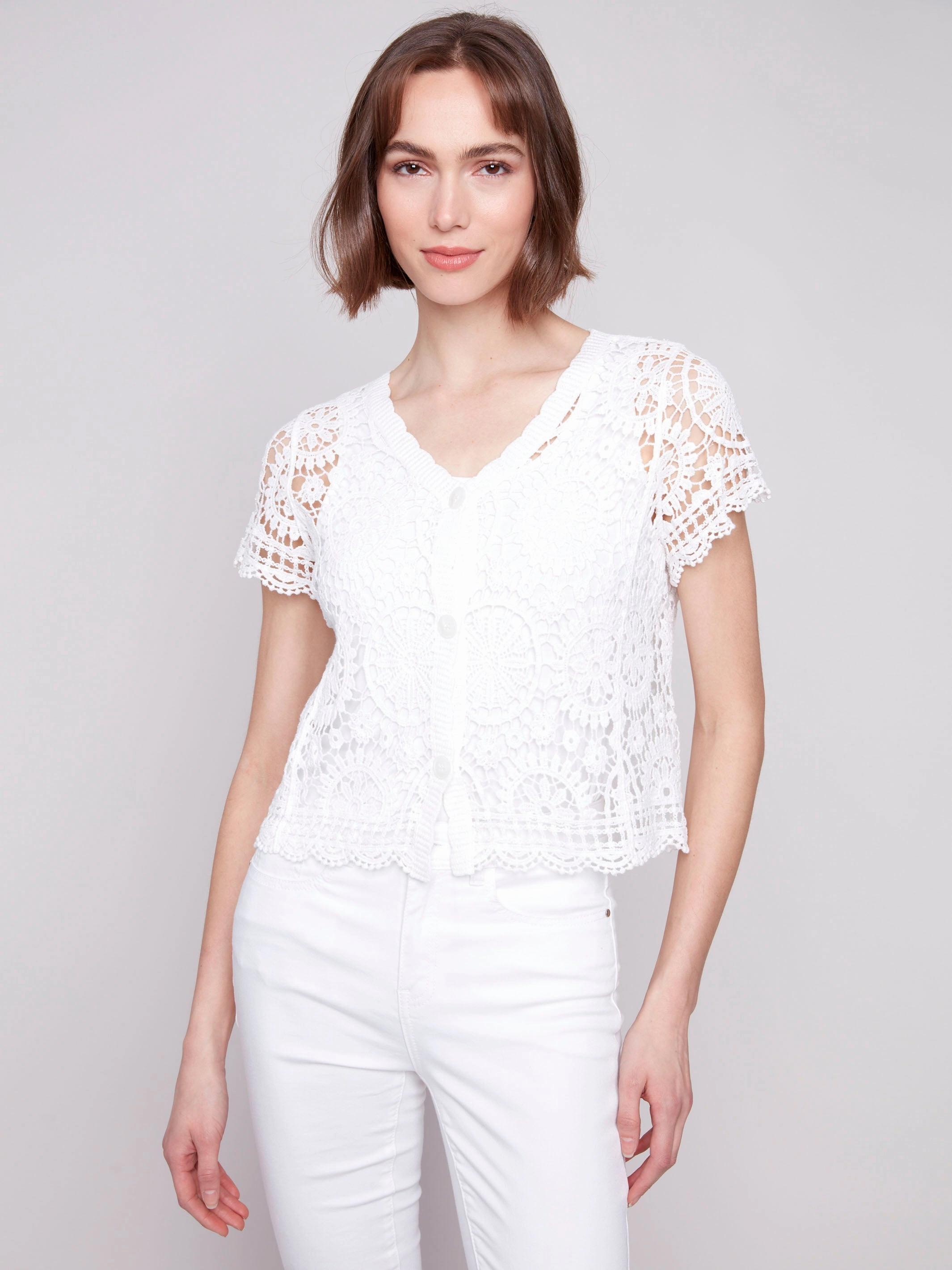Short Sleeve Crochet Bolero Cardigan - White Sustainable Material Travel Essential
