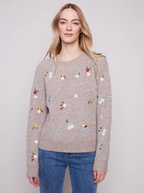 Crew Neck Sweater With Floral Embroidery - Heather Light Brown Beaded
