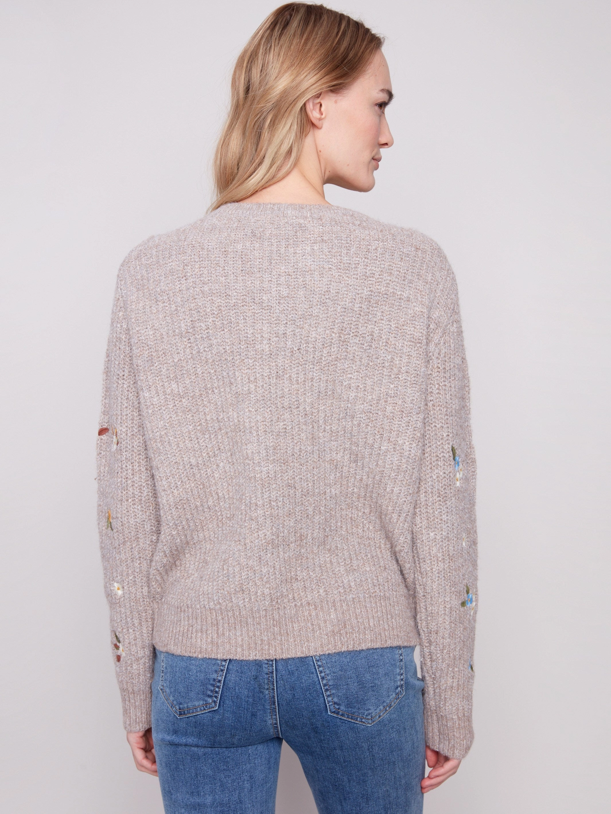 umbrella Businessman Crew Neck Sweater With Floral Embroidery - Heather Light Brown
