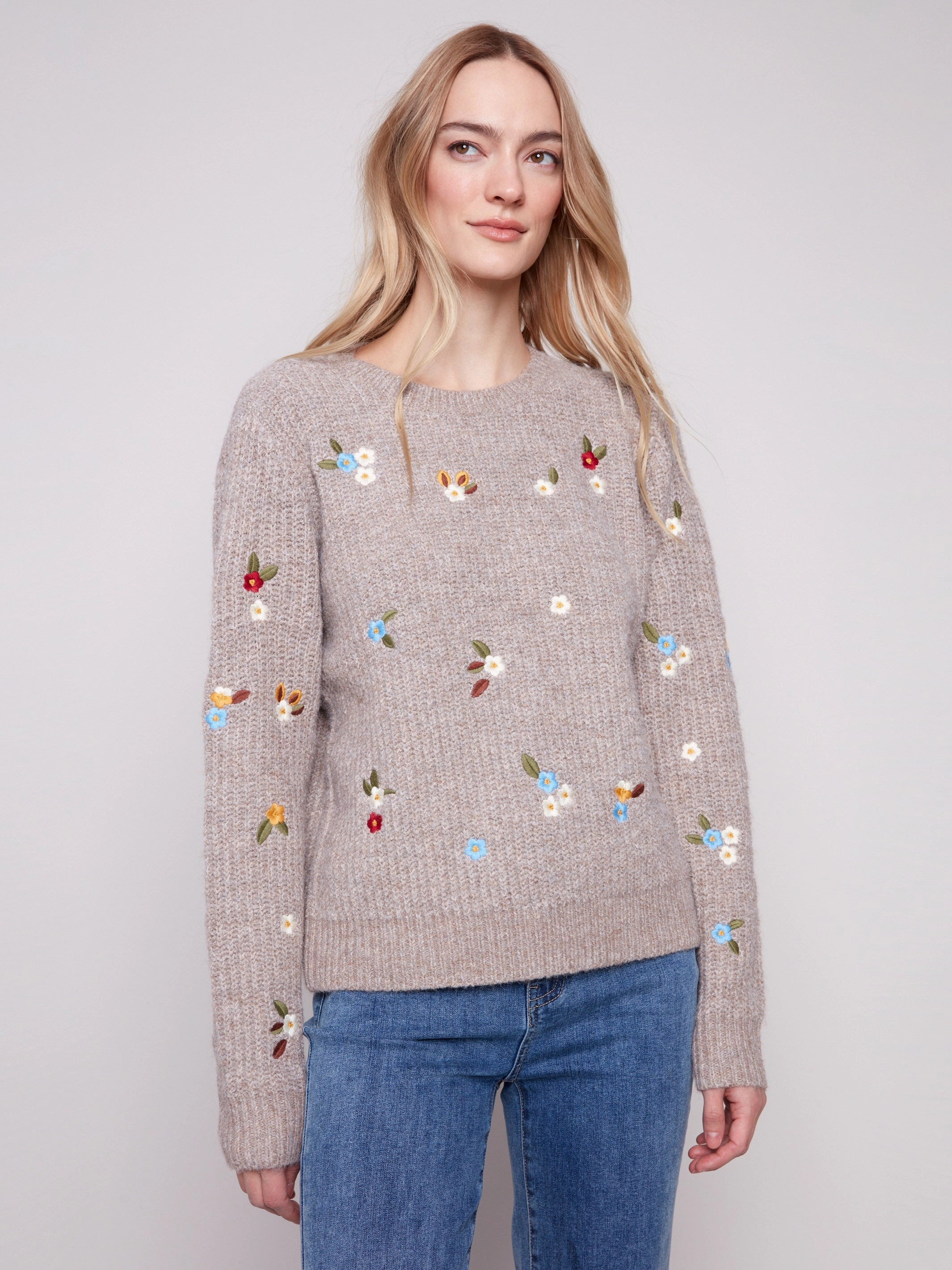 park Crew Neck Sweater With Floral Embroidery - Heather Light Brown