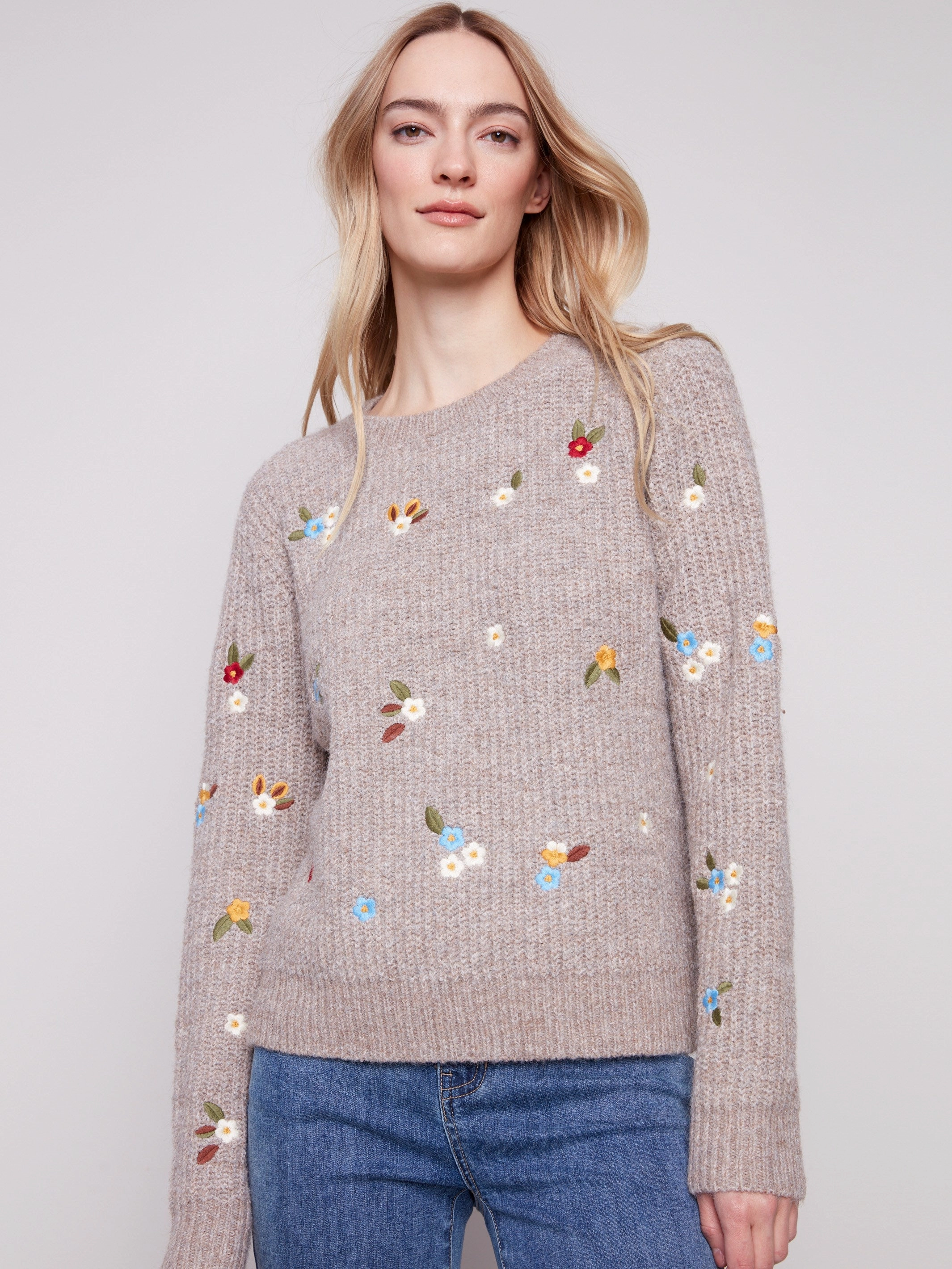 Checked Pattern Crew Neck Sweater With Floral Embroidery - Heather Light Brown