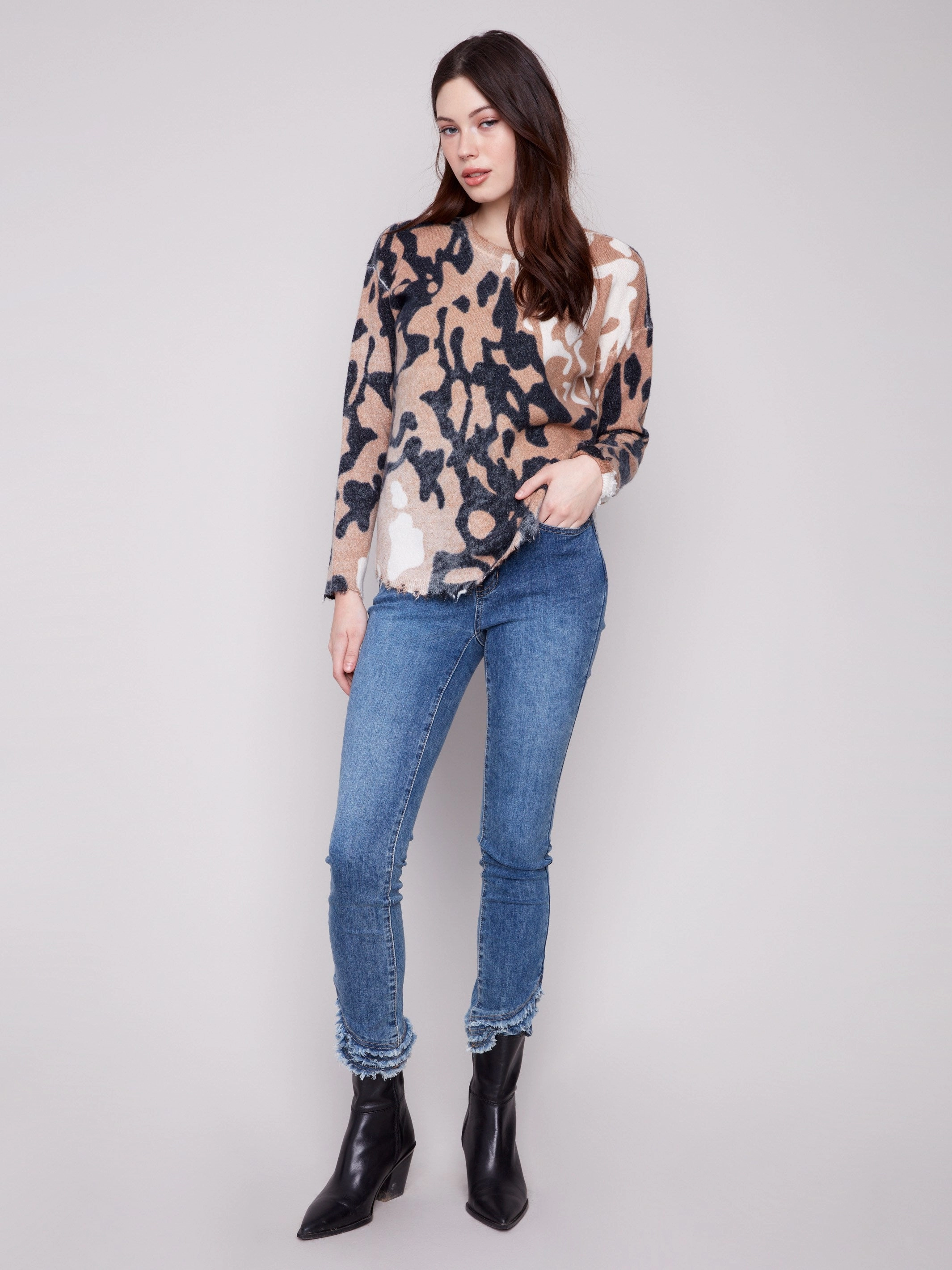 weekend Celebration Reversible Printed Plush Sweater With Frayed Edges - Spots