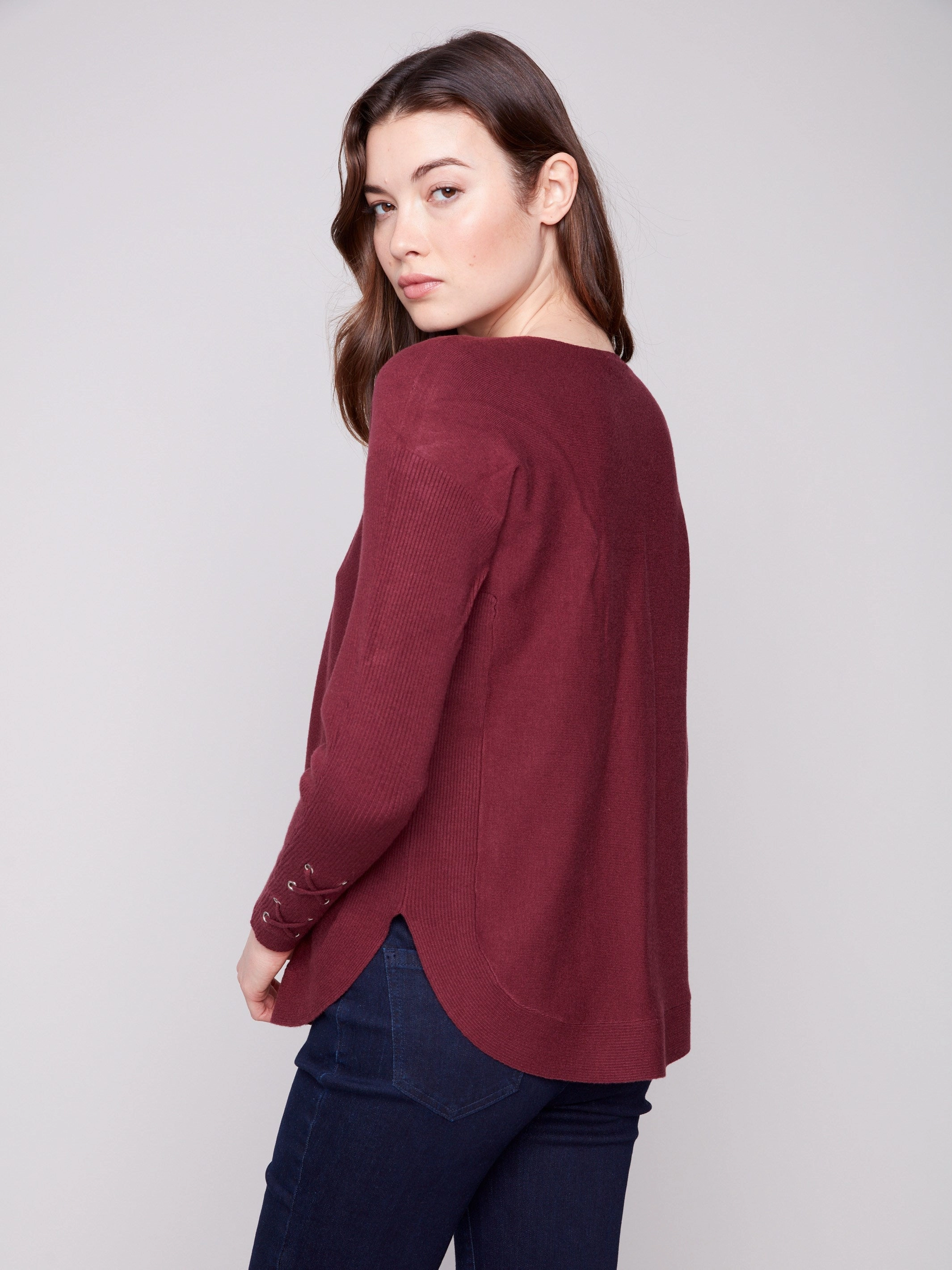 Knit Sweater With Lace-Up Cuffs - Cabernet Nature related