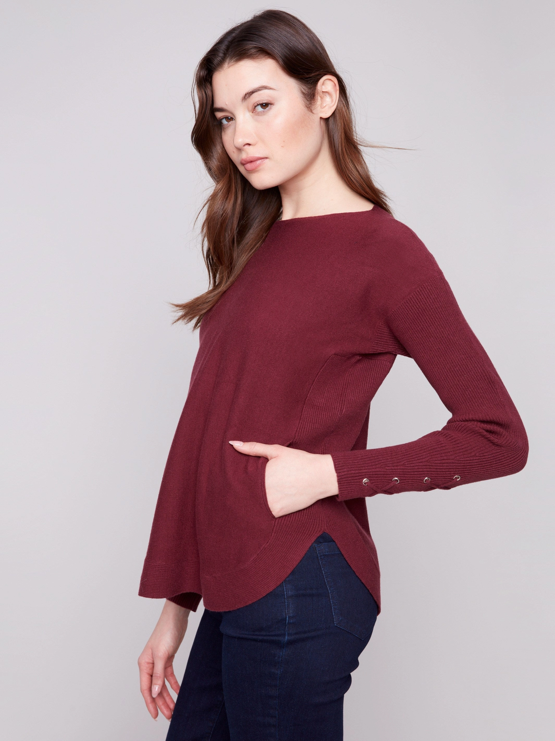 Knit Sweater With Lace-Up Cuffs - Cabernet Neutral Color Music