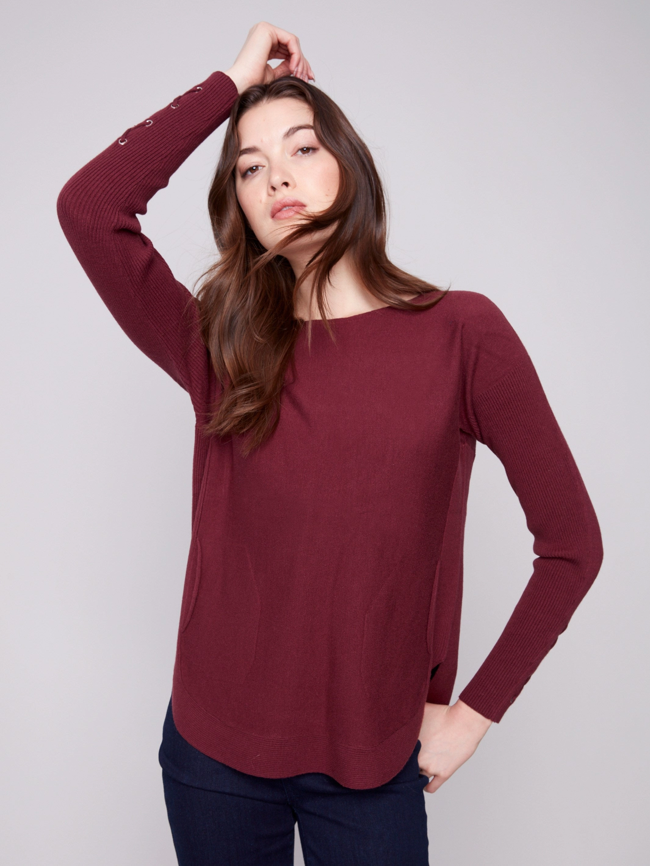 Children's style Knit Sweater With Lace-Up Cuffs - Cabernet