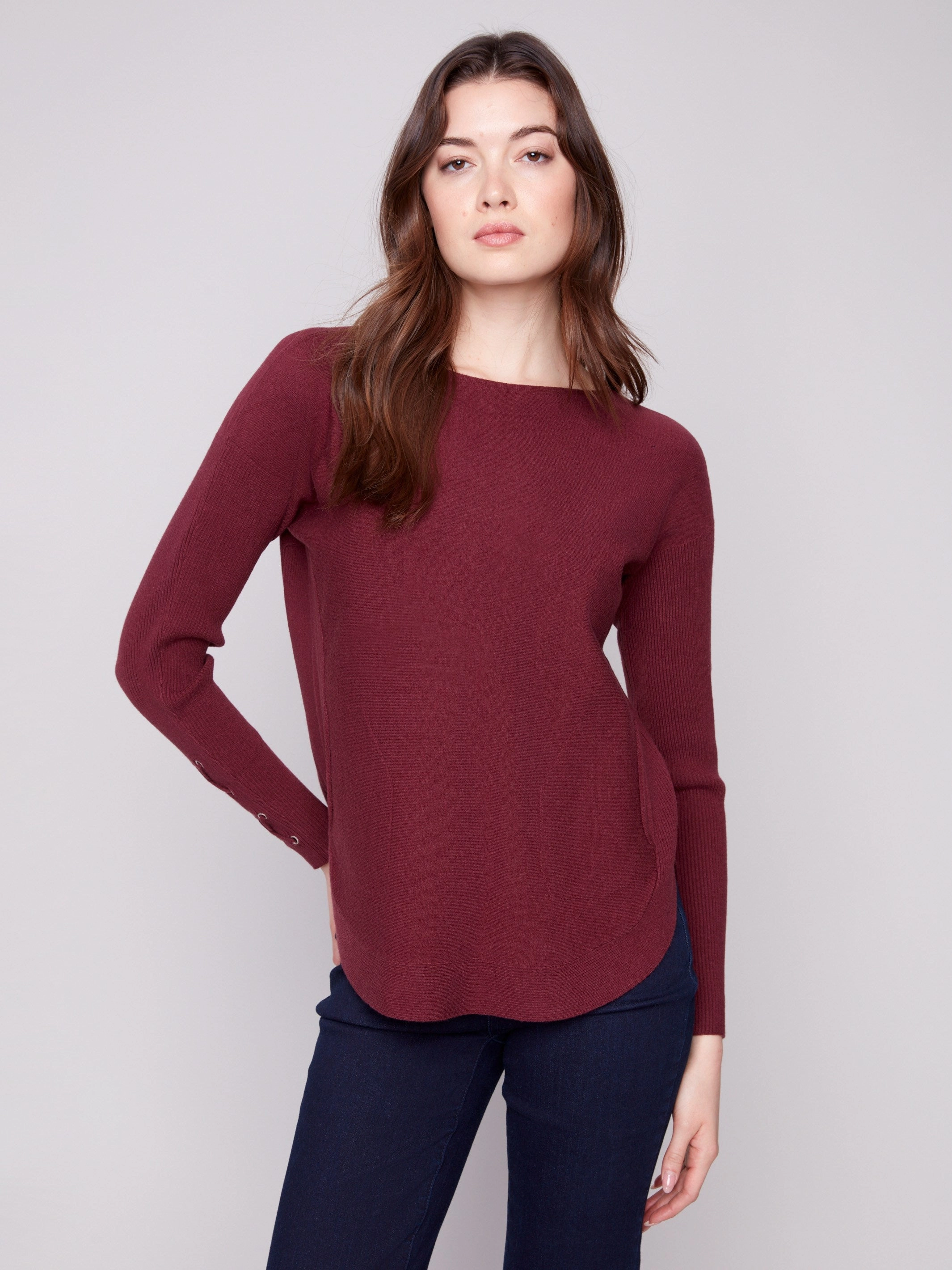 Knit Sweater With Lace-Up Cuffs - Cabernet Thermal Regulation Tech