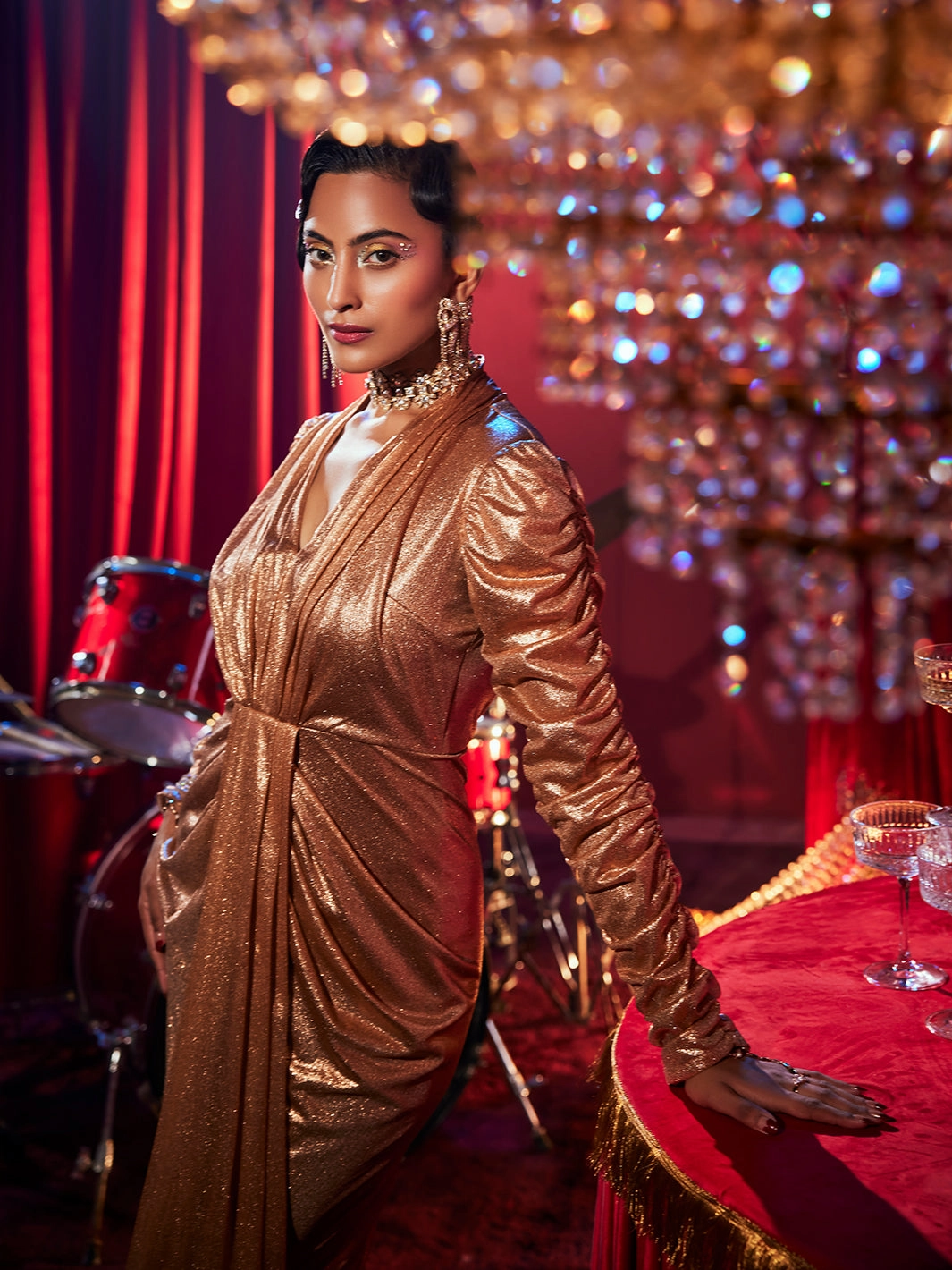 Silky-Feel J'adore Metallic Drapped Gown