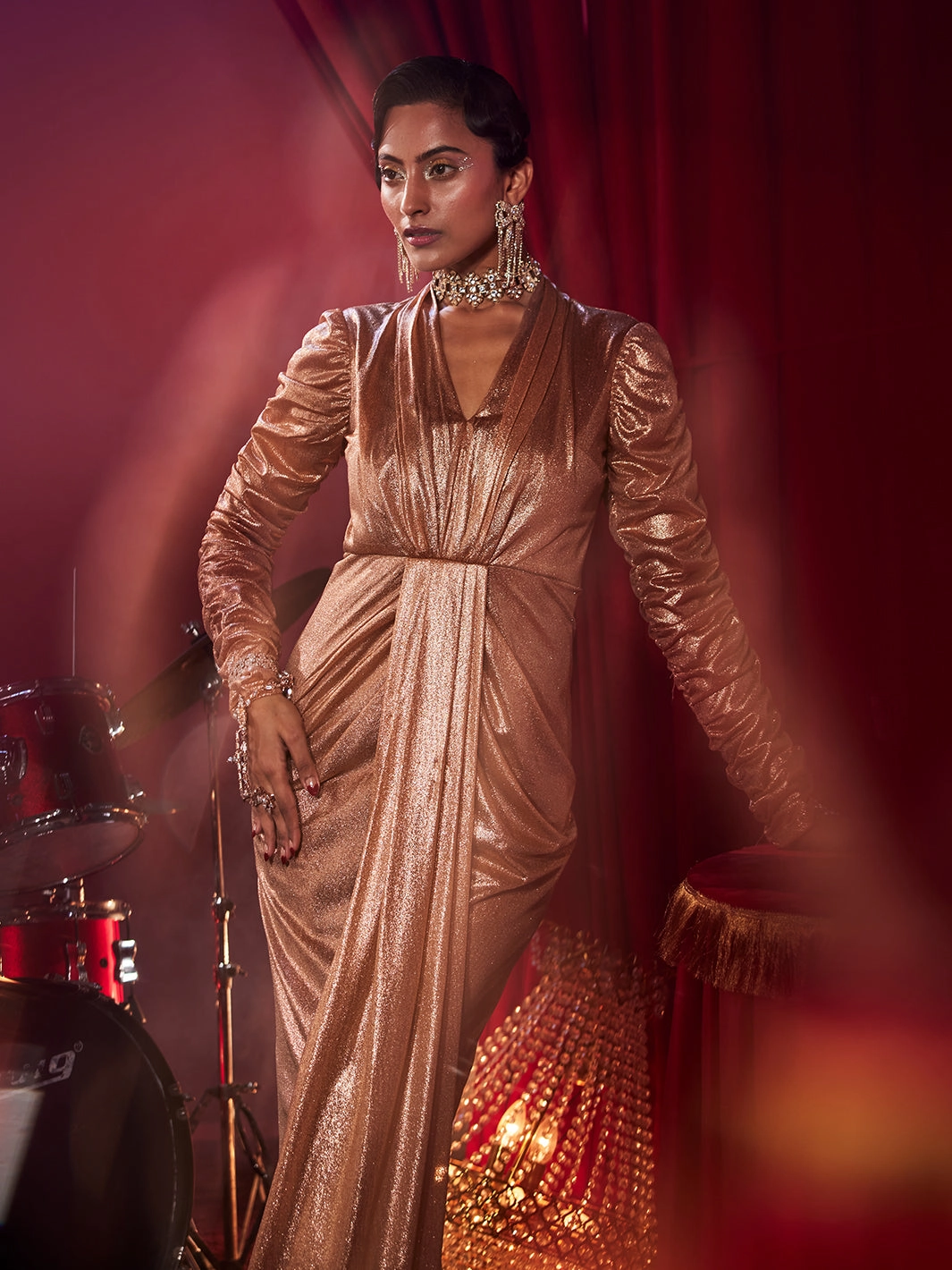 J'adore Metallic Drapped Gown Mood Flex Chilly Day Wear