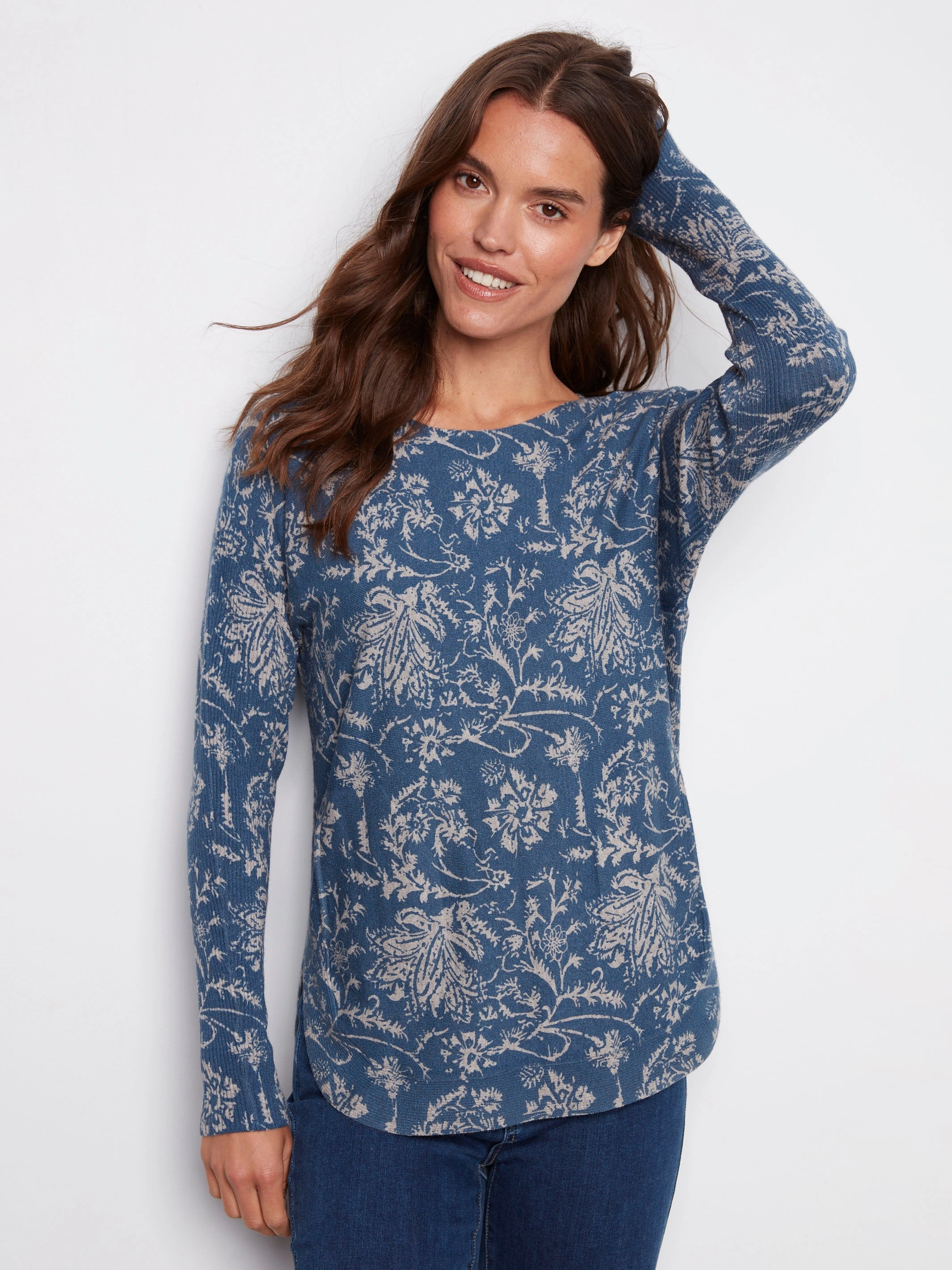 Tight Fit Printed Rounded Hem Sweater - Calico Blue