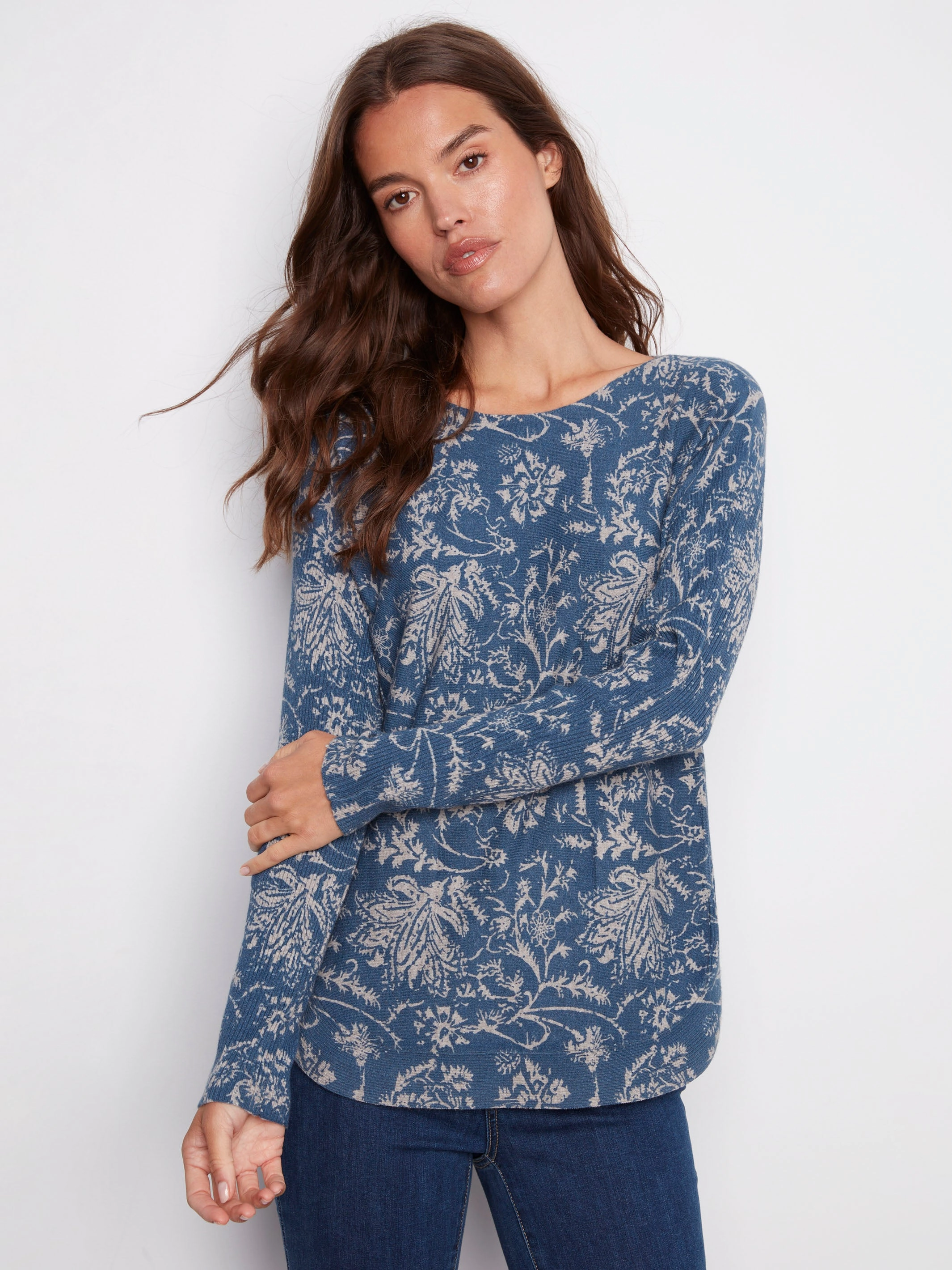 library Printed Rounded Hem Sweater - Calico Blue