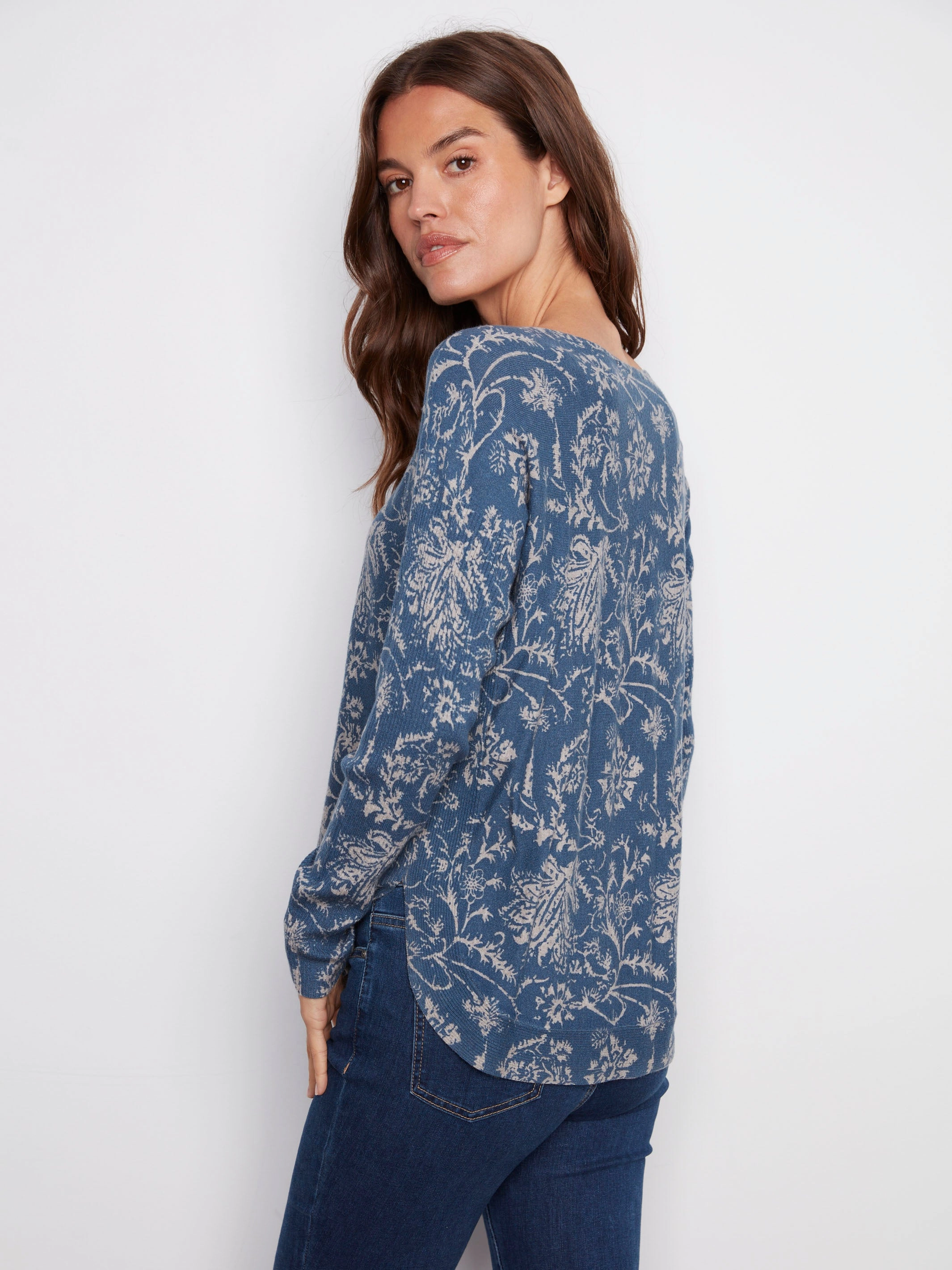 Hallway Generic Printed Rounded Hem Sweater - Calico Blue