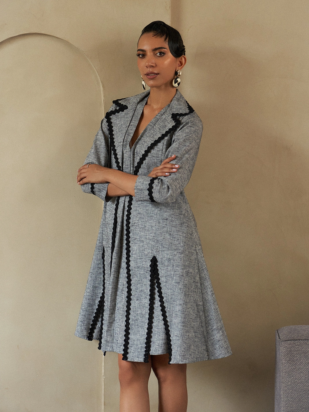 Climate-Adaptive Subtle Elegance Slate Lace Jacket Dress Co-ord Set