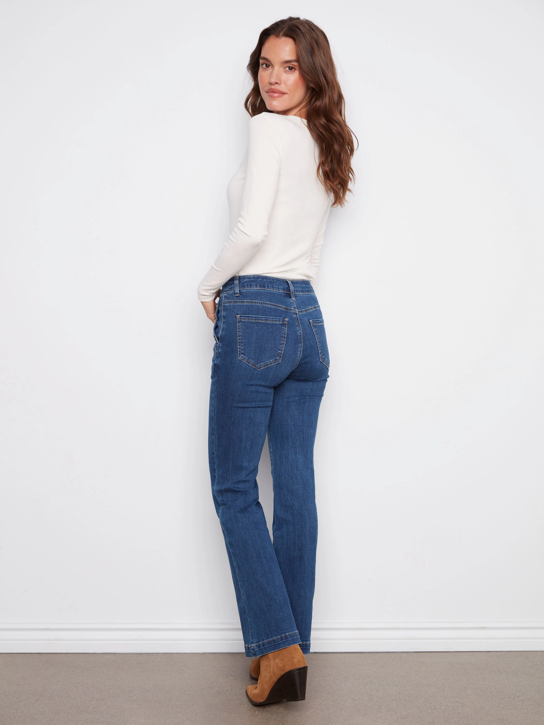 Streetwear Mood Flare Leg Stretch Jeans With Buttons - Indigo